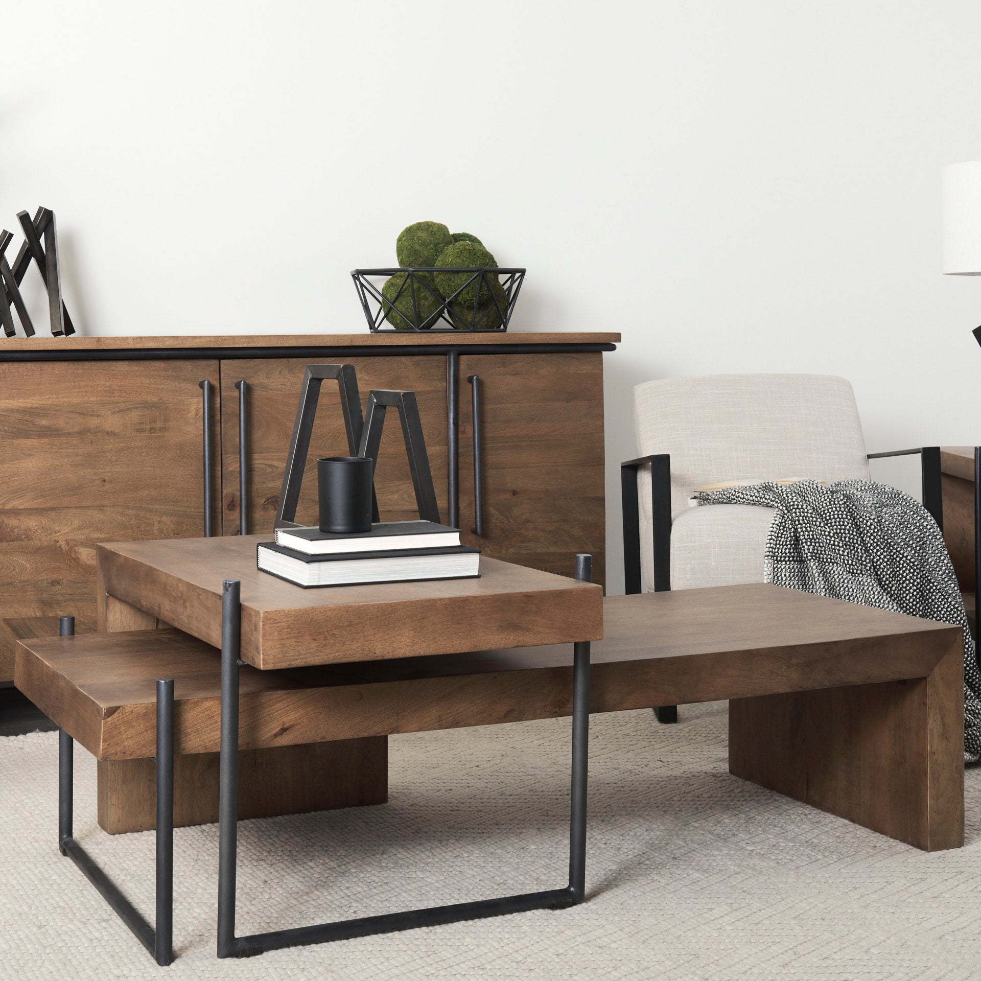 Maddox Set of 2 Brown Solid Wood Top Black Metal Base Nesting Coffee Tables
