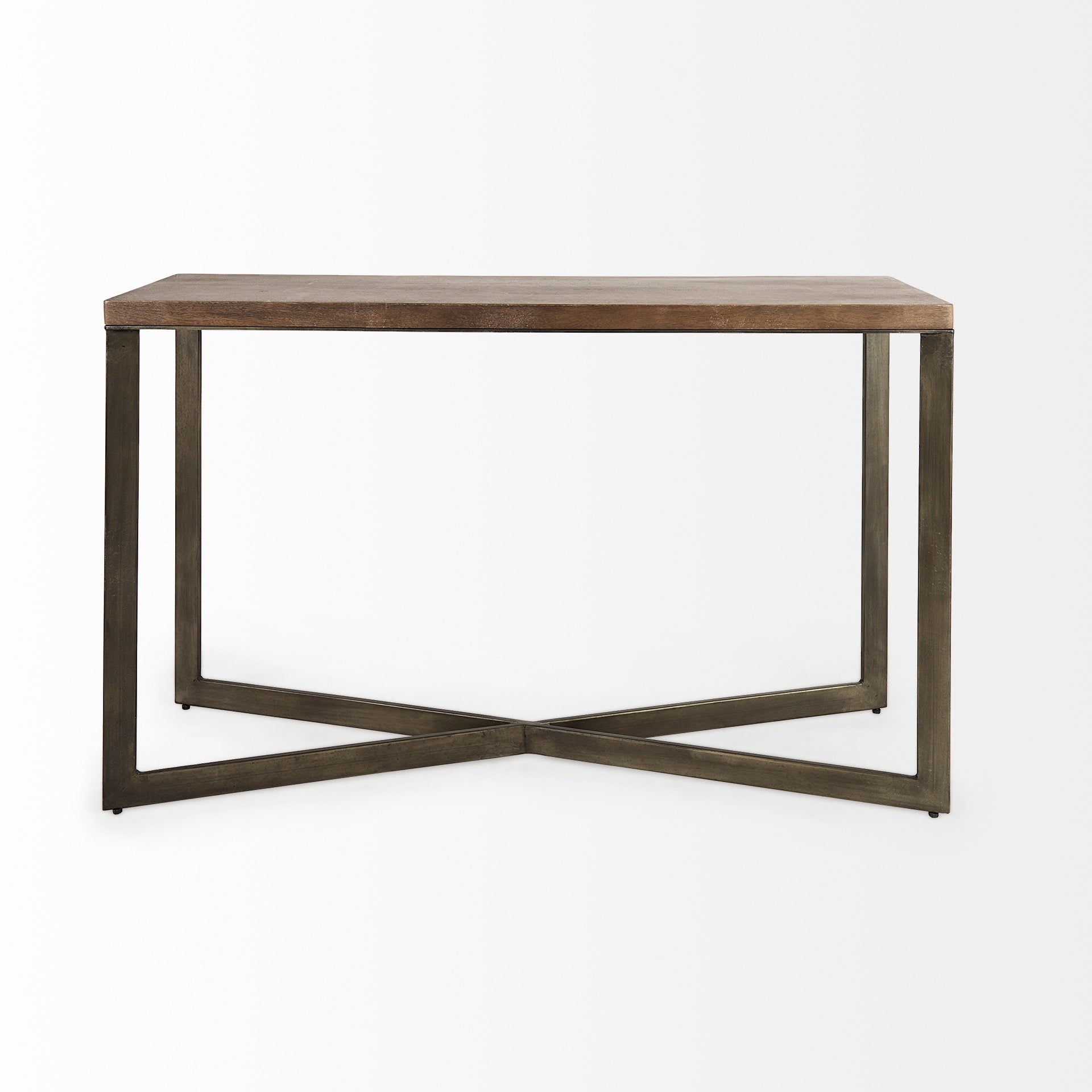 Faye 50L x 15W x 30H Medium Brown Wood W/Antique Nickel Metal Base Console Table - Central Designs