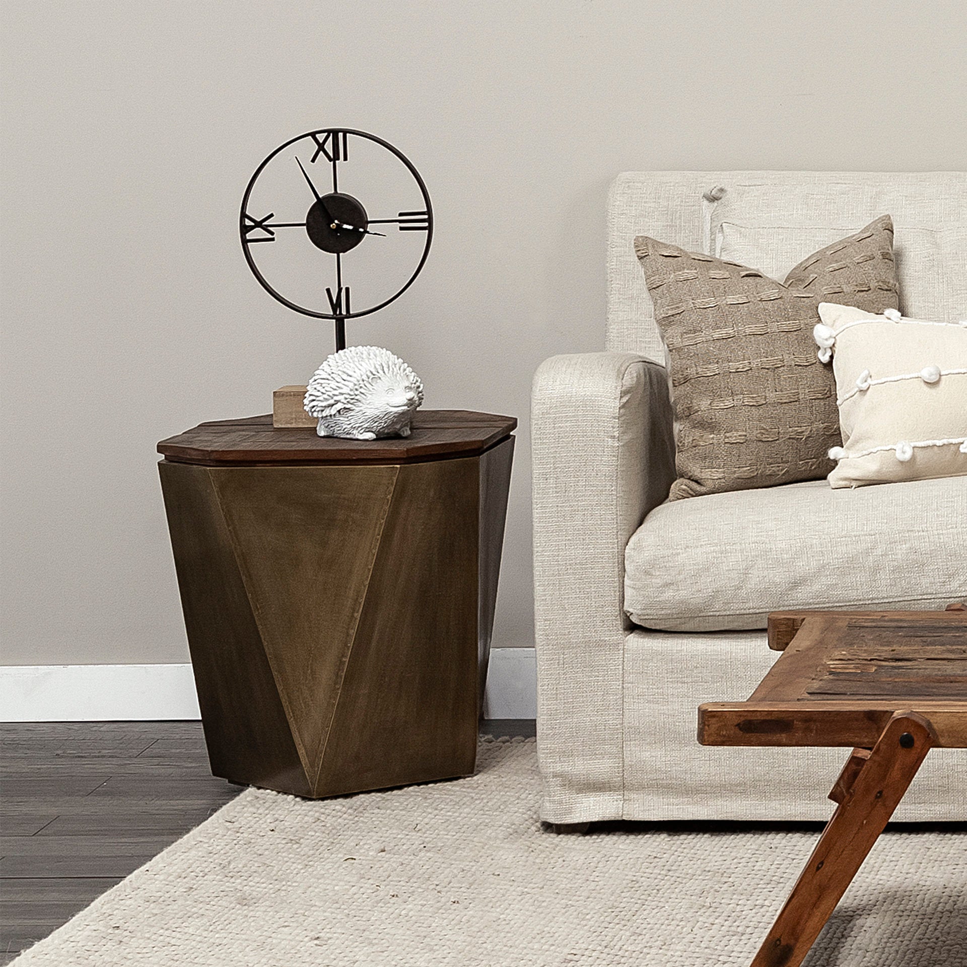 Esagono Octagonal Gold Metal - Clad Reclaimed Wood End/Side Table w/ Storage - Central Designs