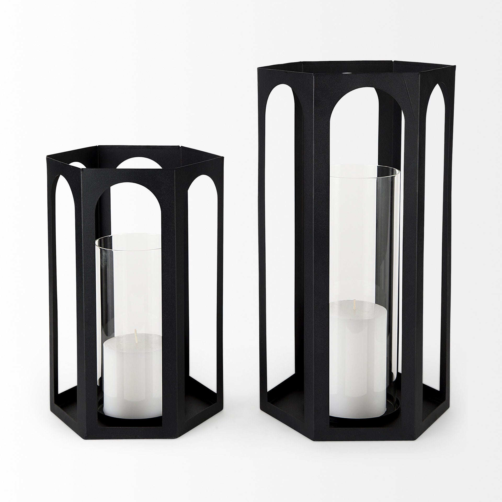 Balley 9.4L x 9.4W x 19.7H Set of Two Matte Black Metal Hexagonal Candle Holder Lanterns - Central Designs