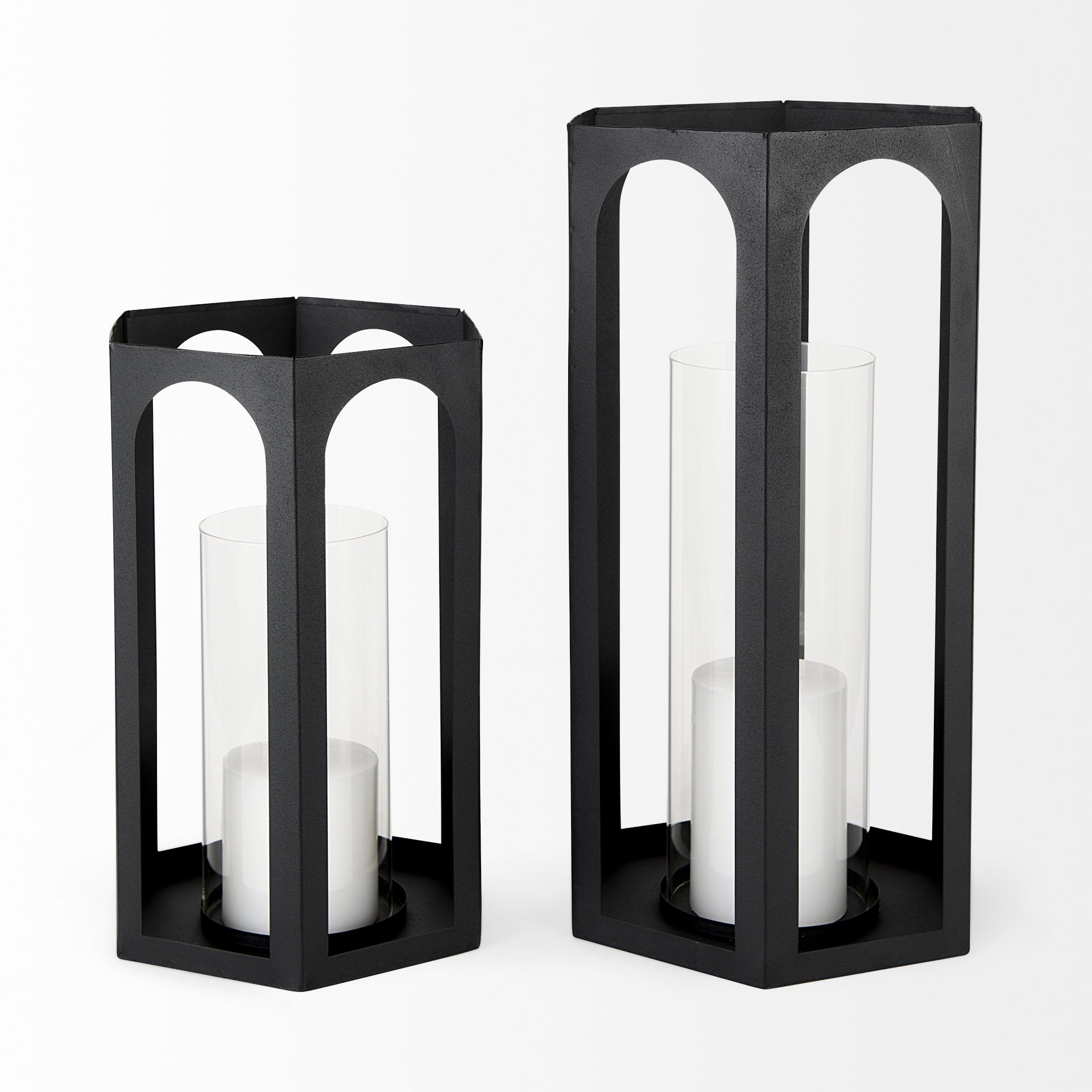 Balley 9.4L x 9.4W x 19.7H Set of Two Matte Black Metal Hexagonal Candle Holder Lanterns - Central Designs