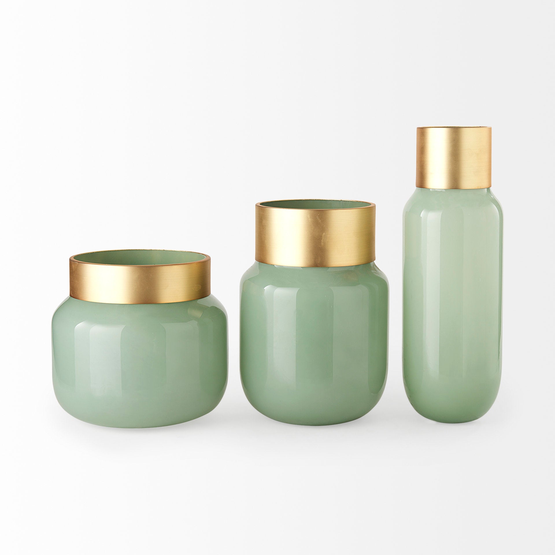 Minty 9.9L x 9.9W x 9.6H Green Glass Vase W/Matte Gold Metal Neck Cuff - Central Designs