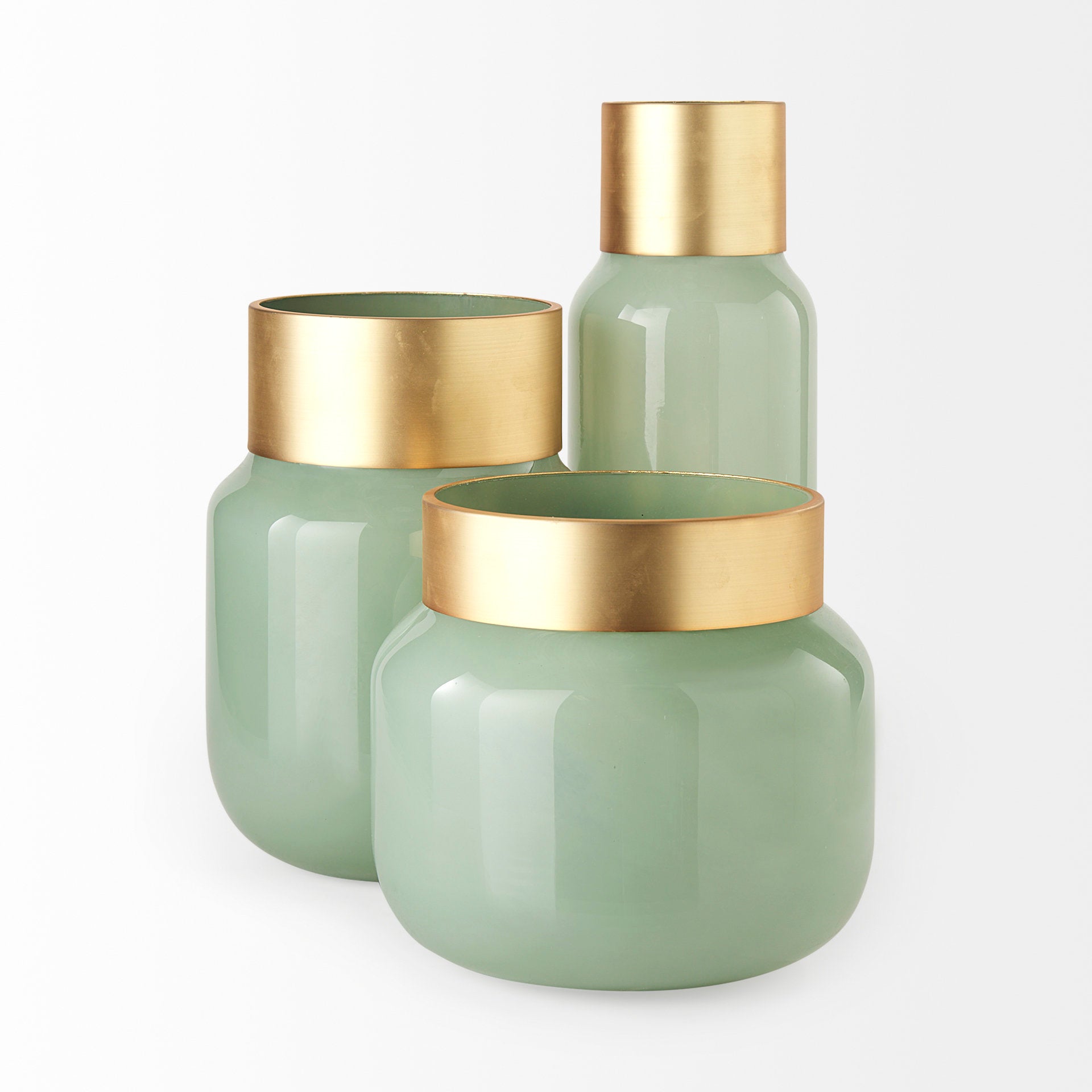 Minty 9.9L x 9.9W x 9.6H Green Glass Vase W/Matte Gold Metal Neck Cuff - Central Designs