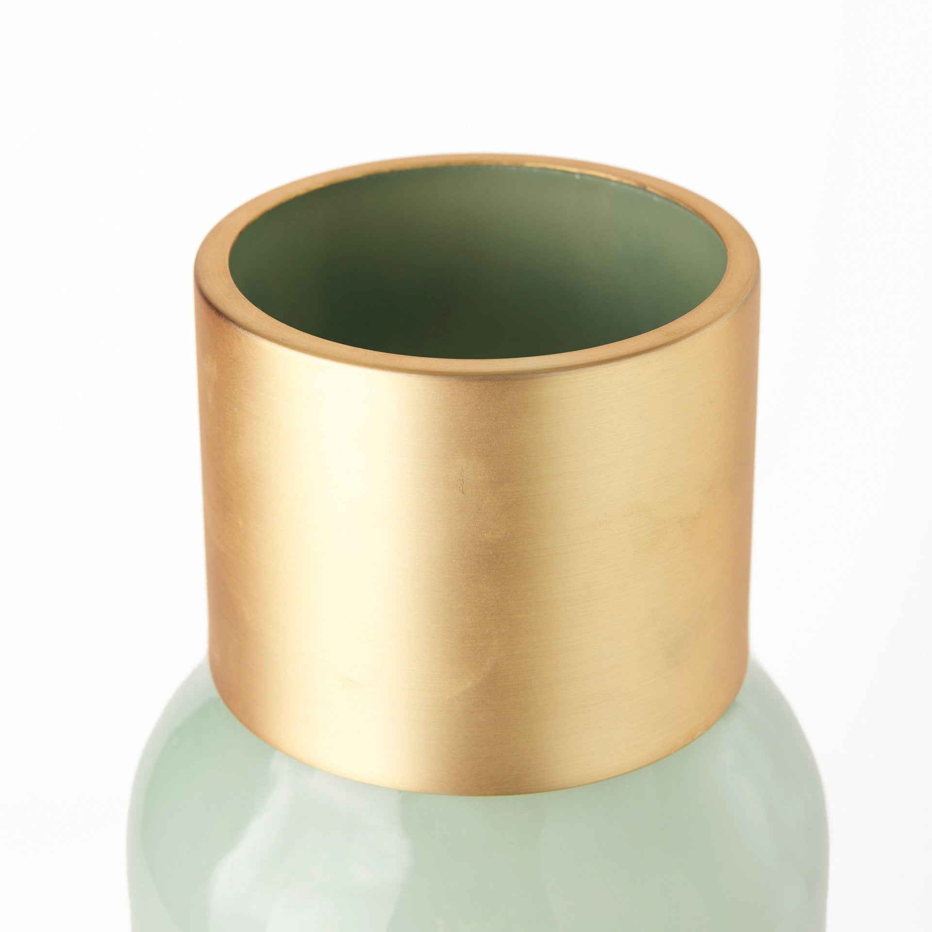 Minty 5.7L x 5.7W x 16.8H Green Glass Vase W/Matte Gold Metal Neck Cuff - Central Designs