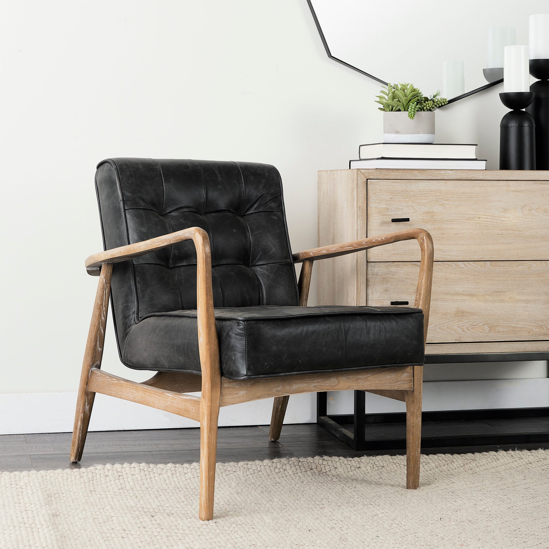 Phineas Black Leather W/ Brown Wooden Frame Accent Chair