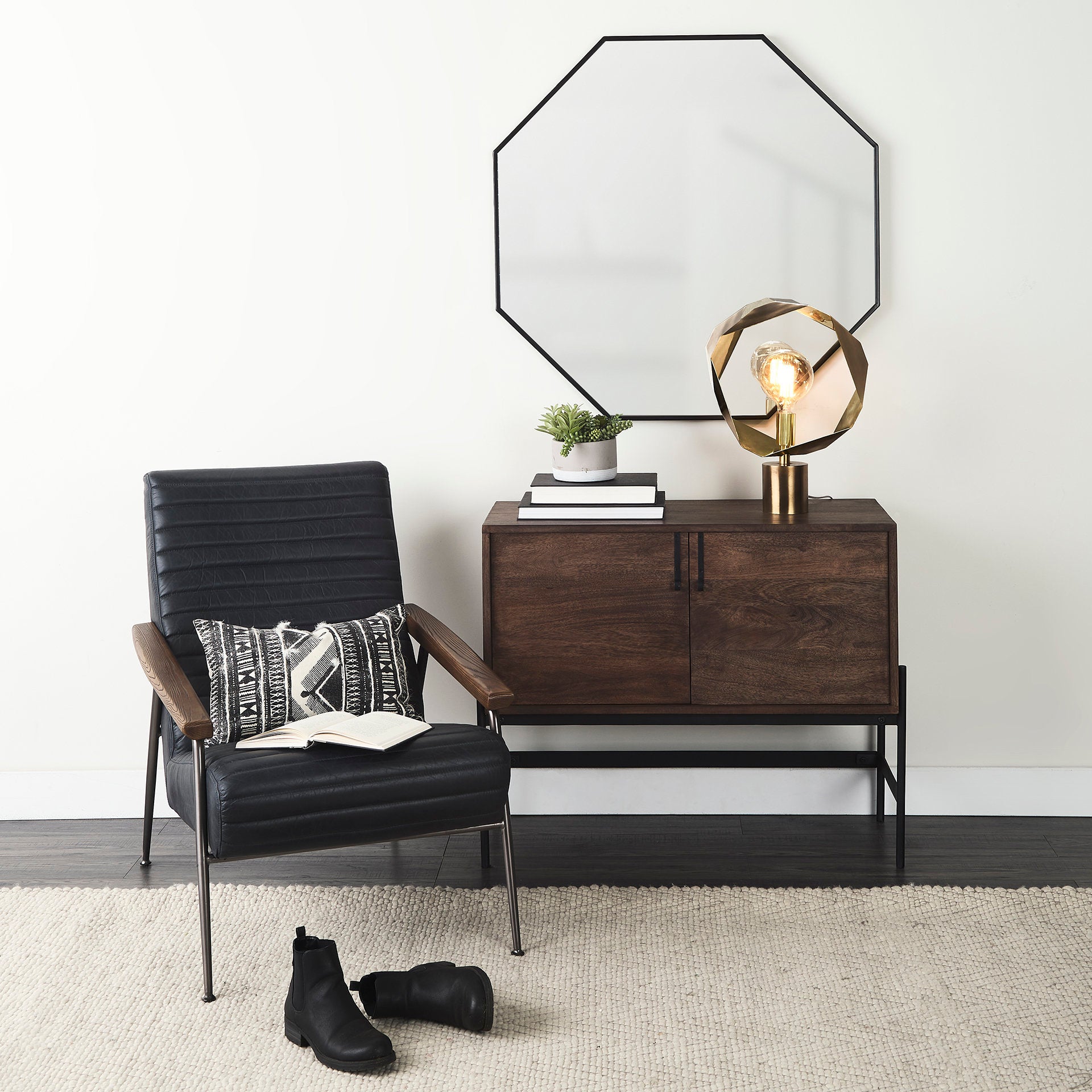 Glenn 38L x 16W x 30H Dark Brown Wood w/ Black Iron Frame, 2 Door Accent Cabinet - Central Designs