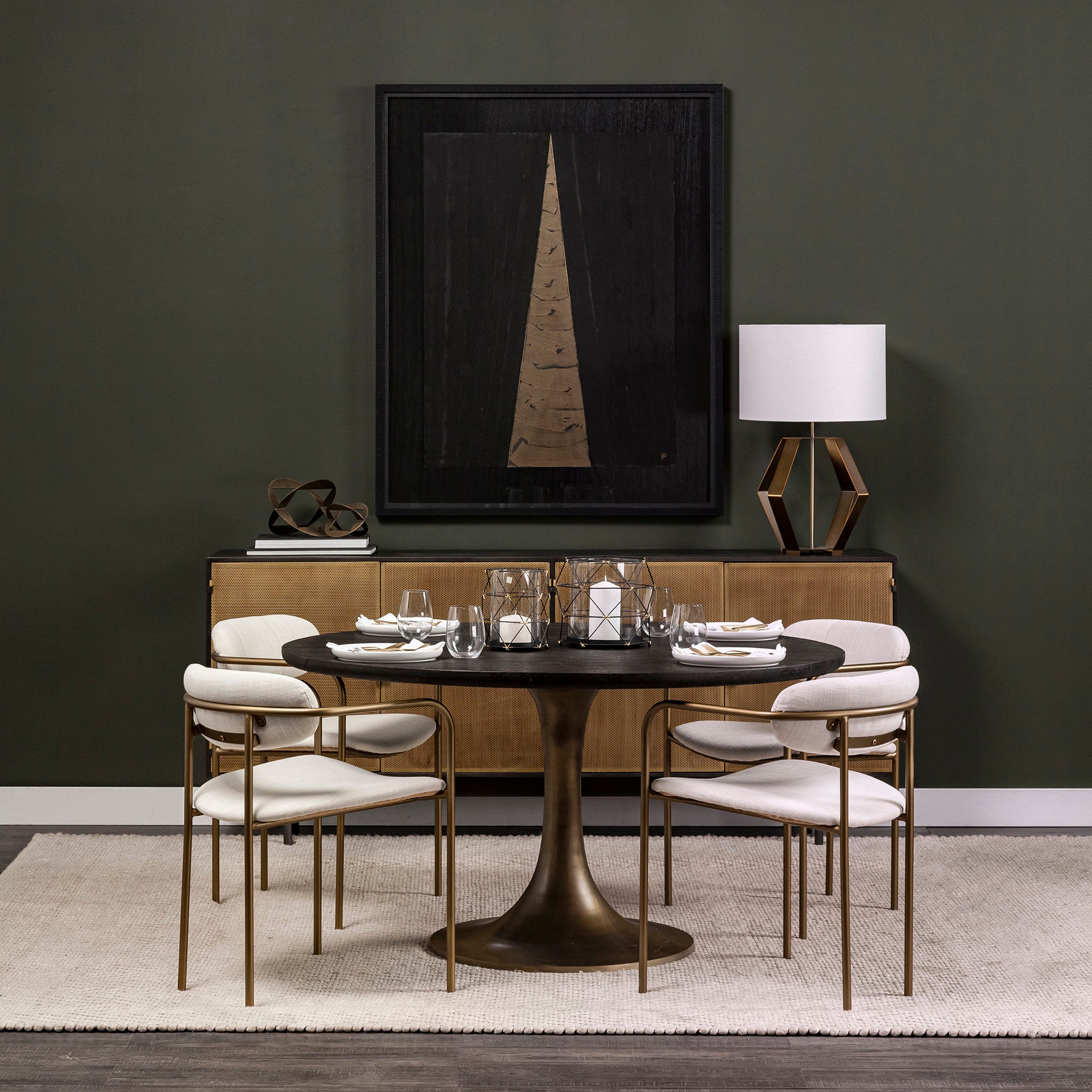 McLeod II 54 L x 54 W x 28.75 H Round Brown Solid Wood Top Gold Metal Base Dining Table - Central Designs