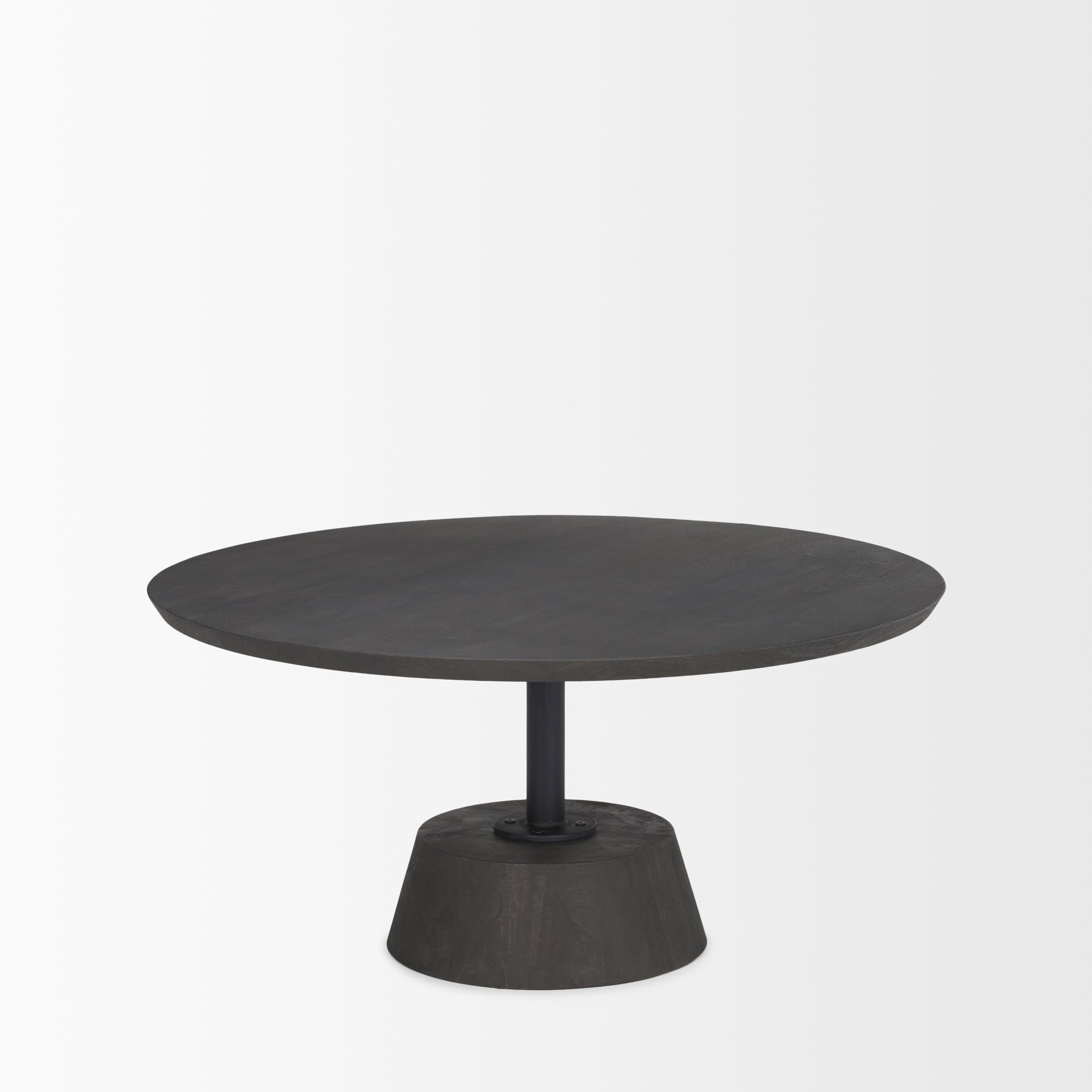 Maxwell 34L x 34W x 16H Dark Brown Wood W/ Black Metal Pedestal Base Round Coffee Table - Central Designs