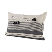 Thalia 13L x 21W Black and Beige Fabric Striped and Fringed Decorative Pillow Cover - Central Designs