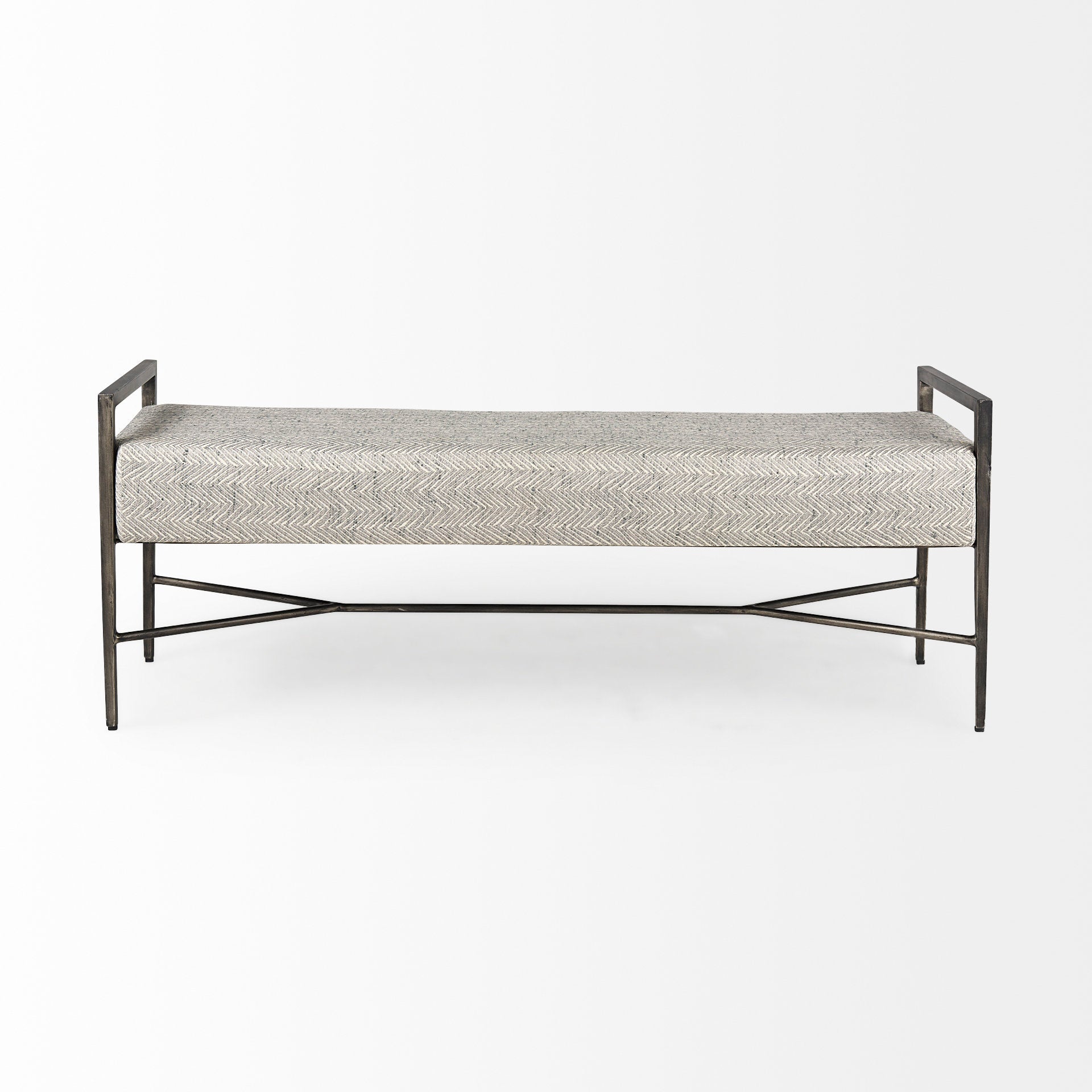 Charlotte 55.0L Gray Herringbone Fabric Seat w/ Antique Nickel Metal Frame Bench - Central Designs