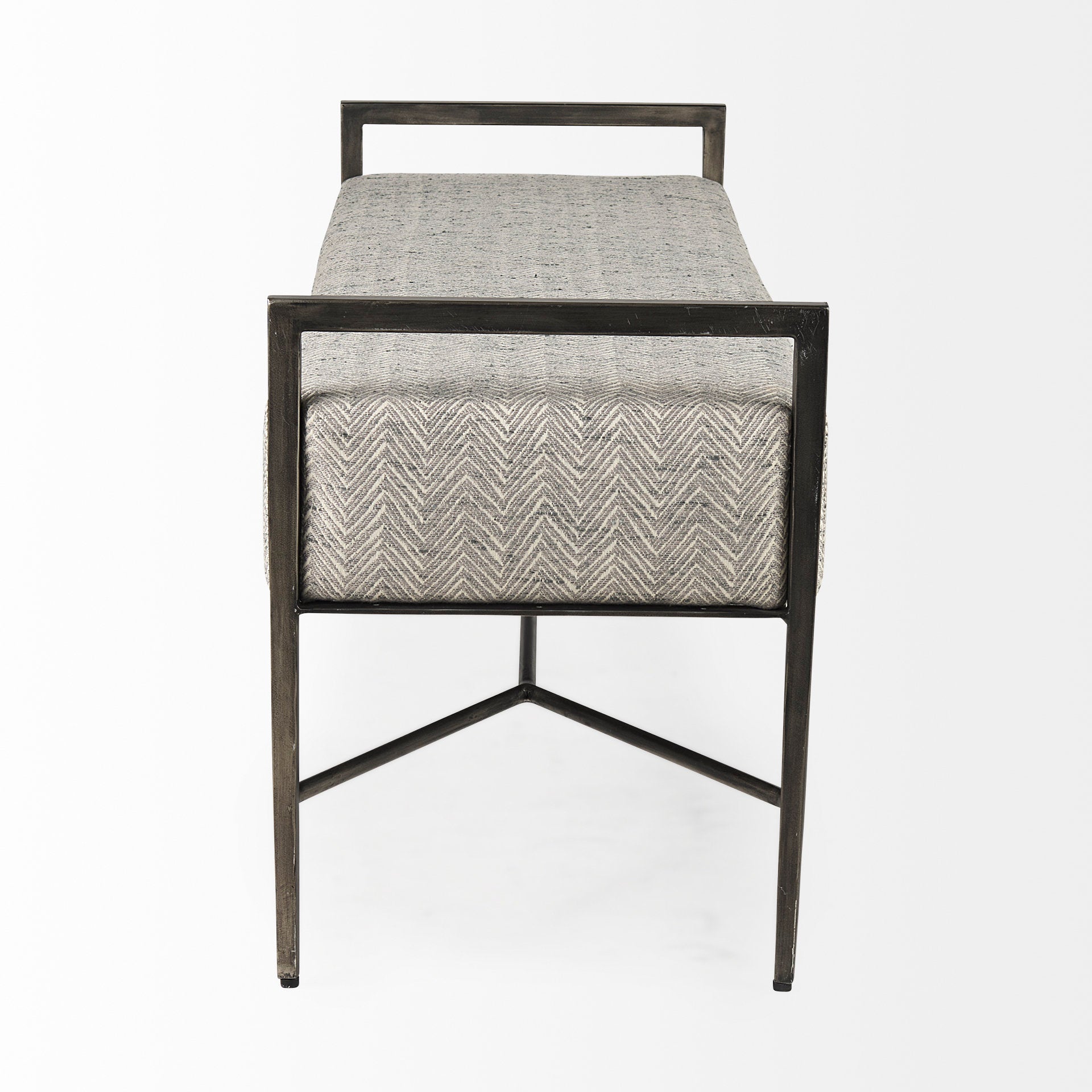 Charlotte 55.0L Gray Herringbone Fabric Seat w/ Antique Nickel Metal Frame Bench - Central Designs