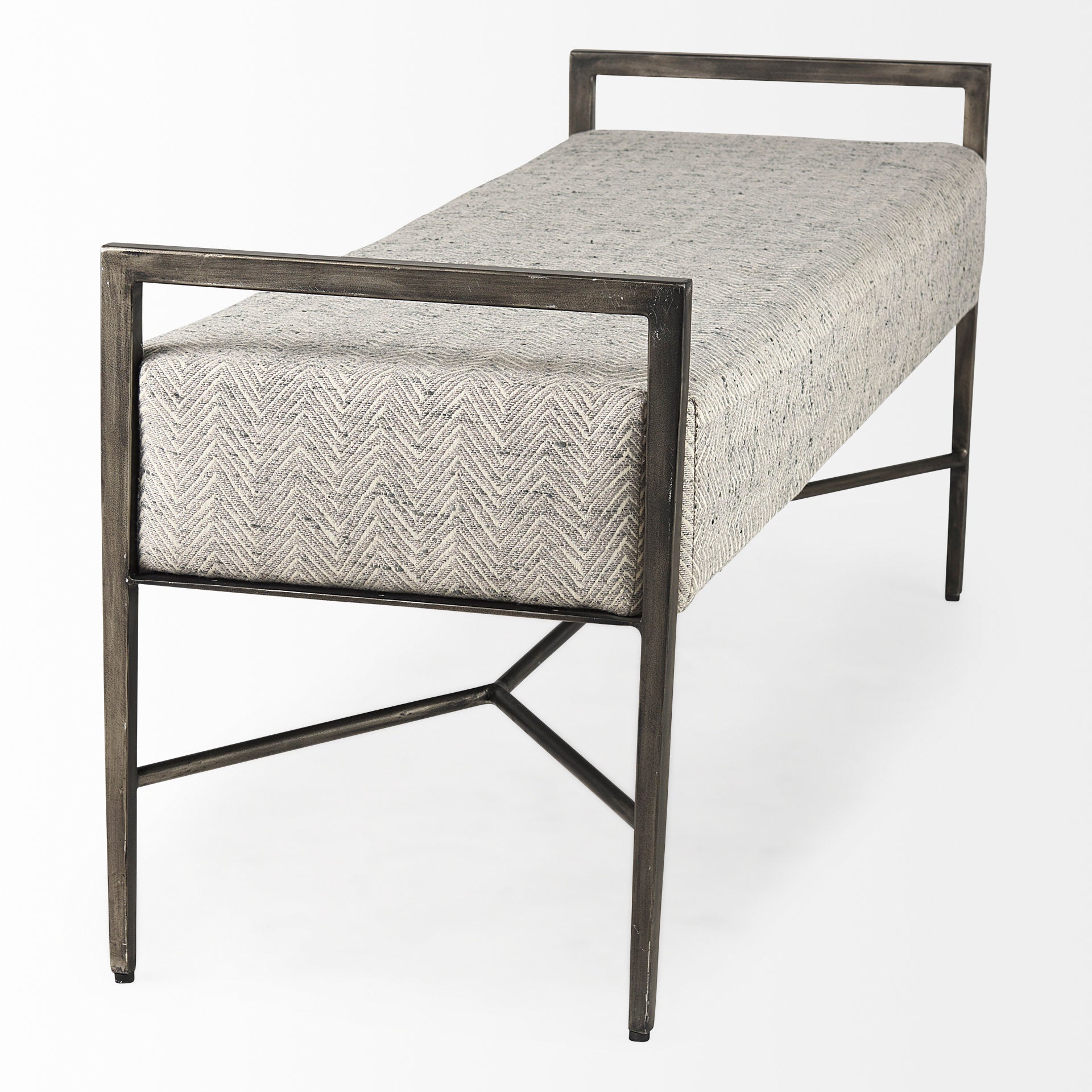 Charlotte 55.0L Gray Herringbone Fabric Seat w/ Antique Nickel Metal Frame Bench - Central Designs