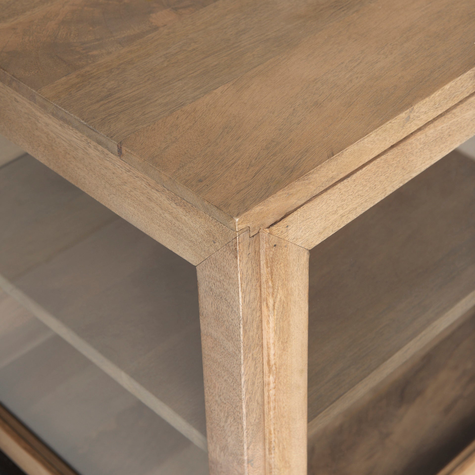 Arelius 70L x 18.75W x 32H Light Brown Wood, Black Metal Base w/ 4 Glass Cabinet Doors Sideboard