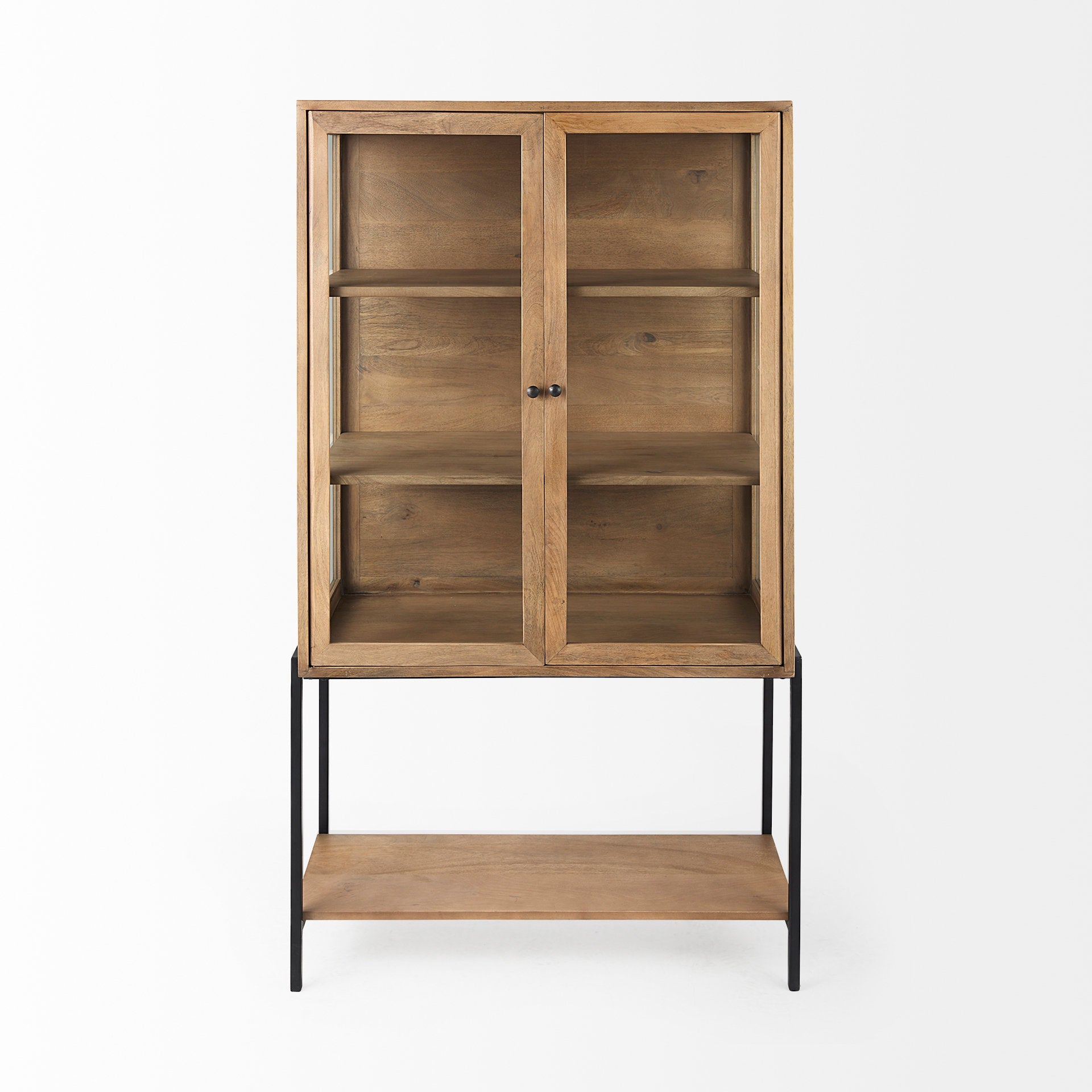 Arelius 36L x 18.75W x 63H Light Brown Wood W/ Black Metal Base Display Cabinet - Central Designs