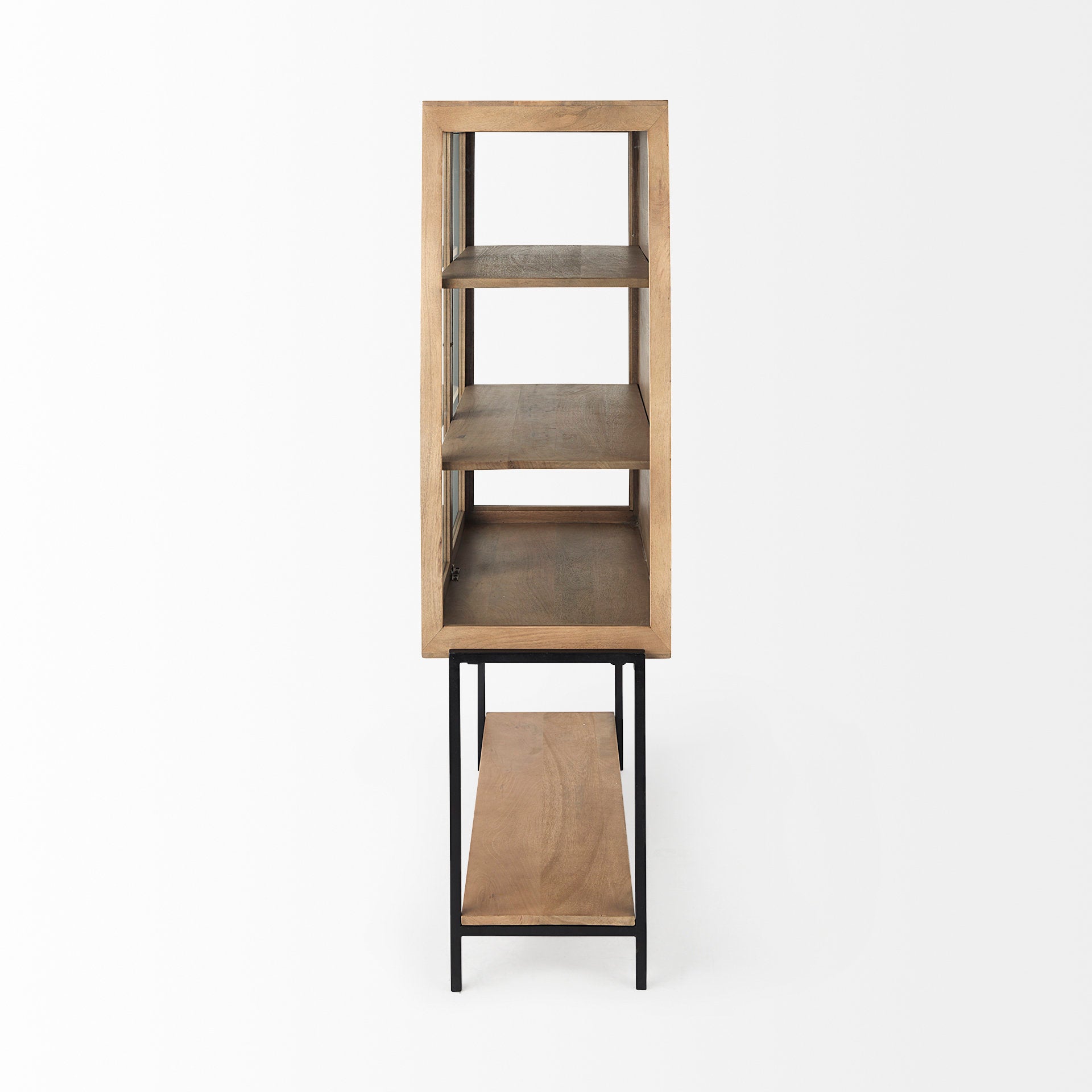 Arelius 36L x 18.75W x 63H Light Brown Wood W/ Black Metal Base Display Cabinet - Central Designs