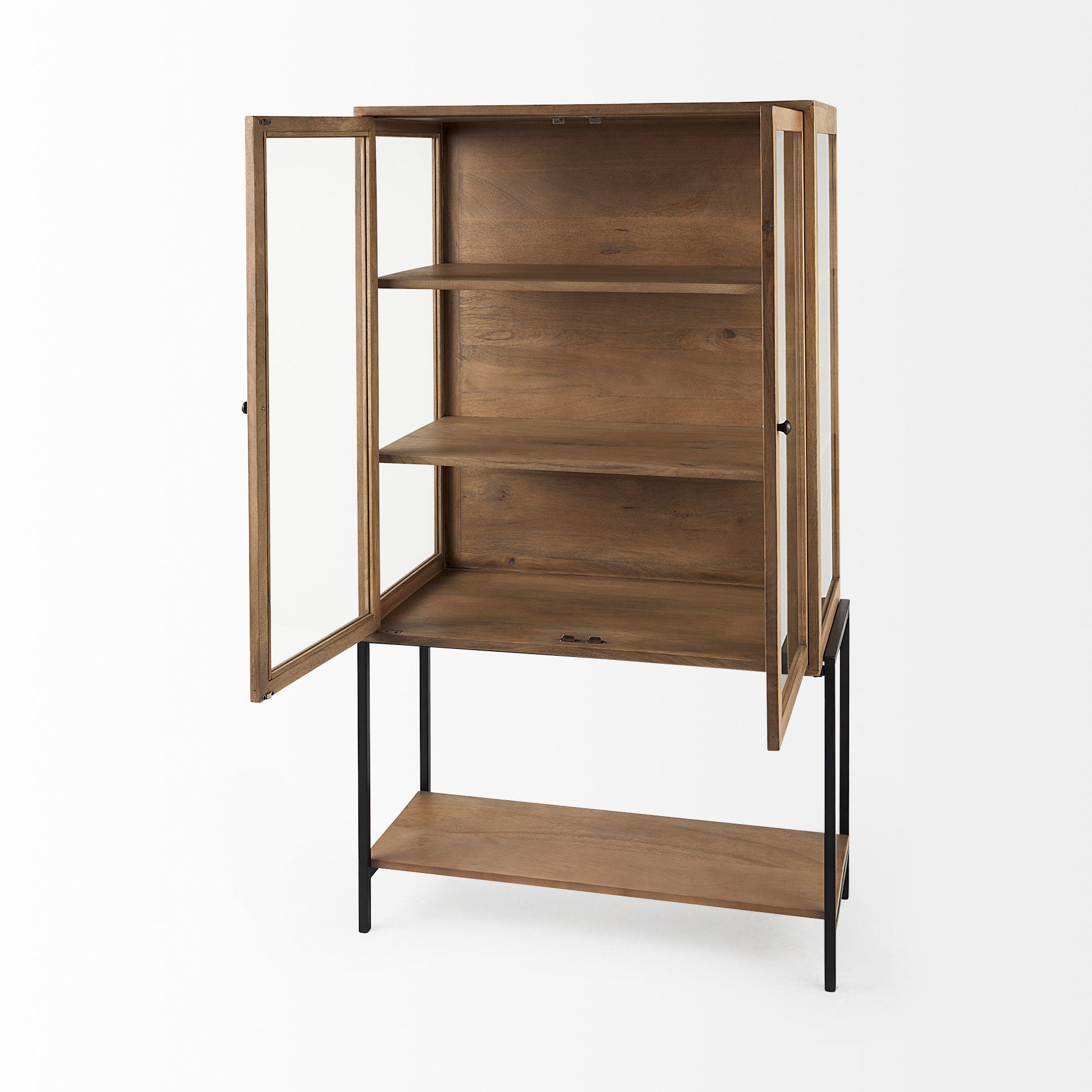 Arelius 36L x 18W x 63H Light Brown Wood W/ Black Metal Base Display Cabinet - Central Designs
