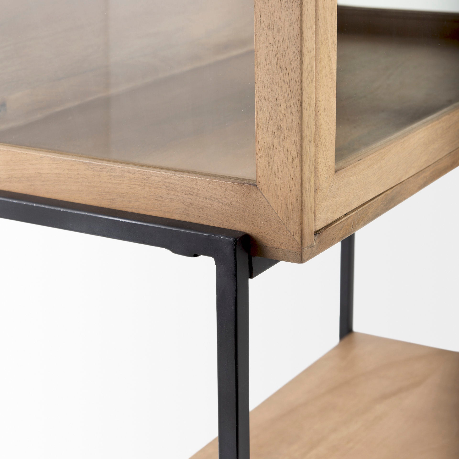 Arelius 36L x 18.75W x 63H Light Brown Wood W/ Black Metal Base Display Cabinet - Central Designs