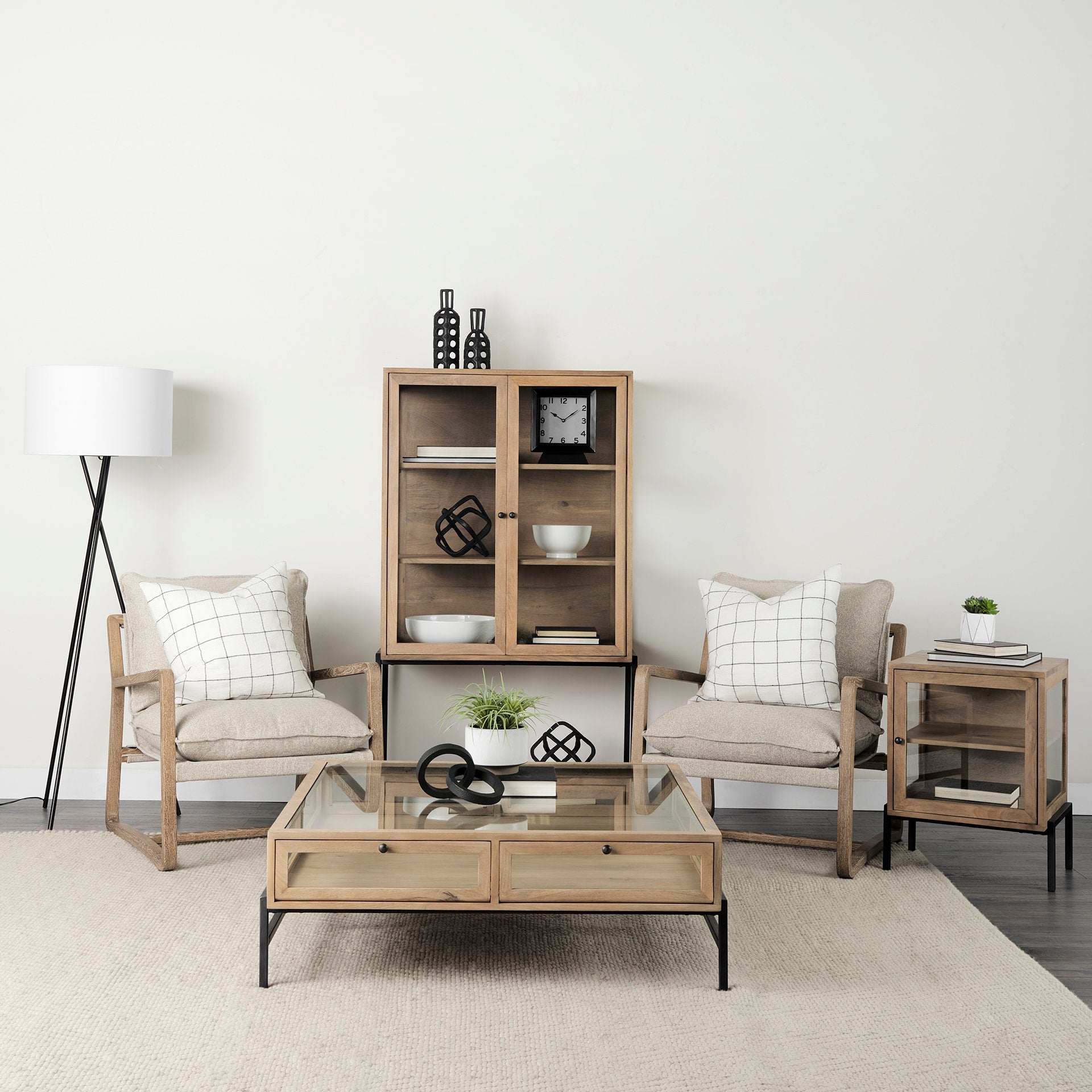 Arelius 36L x 18W x 63H Light Brown Wood W/ Black Metal Base Display Cabinet - Central Designs