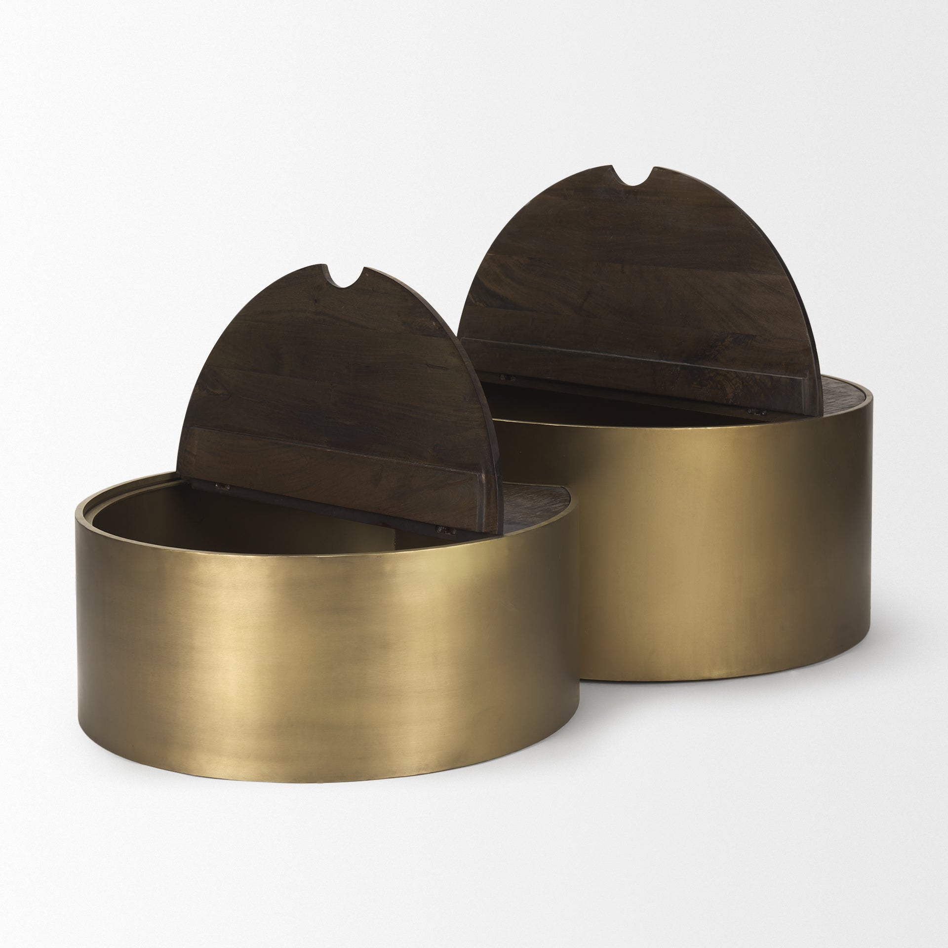 Eclipse Antique Brass Metal Drum Base w/ Dark Brown Wood Top Nested Coffee Table - Central Designs