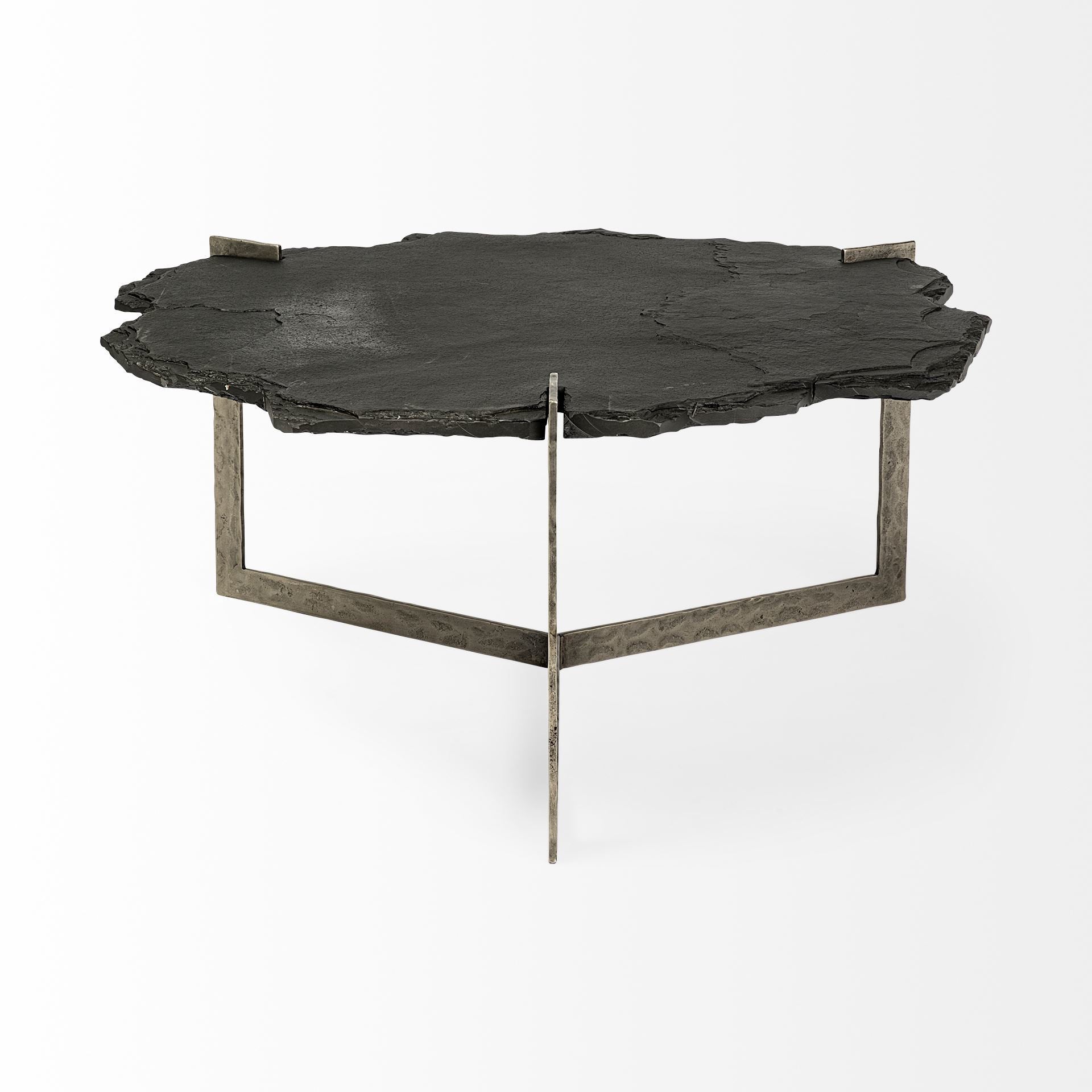 Shale 37" Irregular Live - Edge Black Slate w/Flat Iron Base Coffee Table - Central Designs