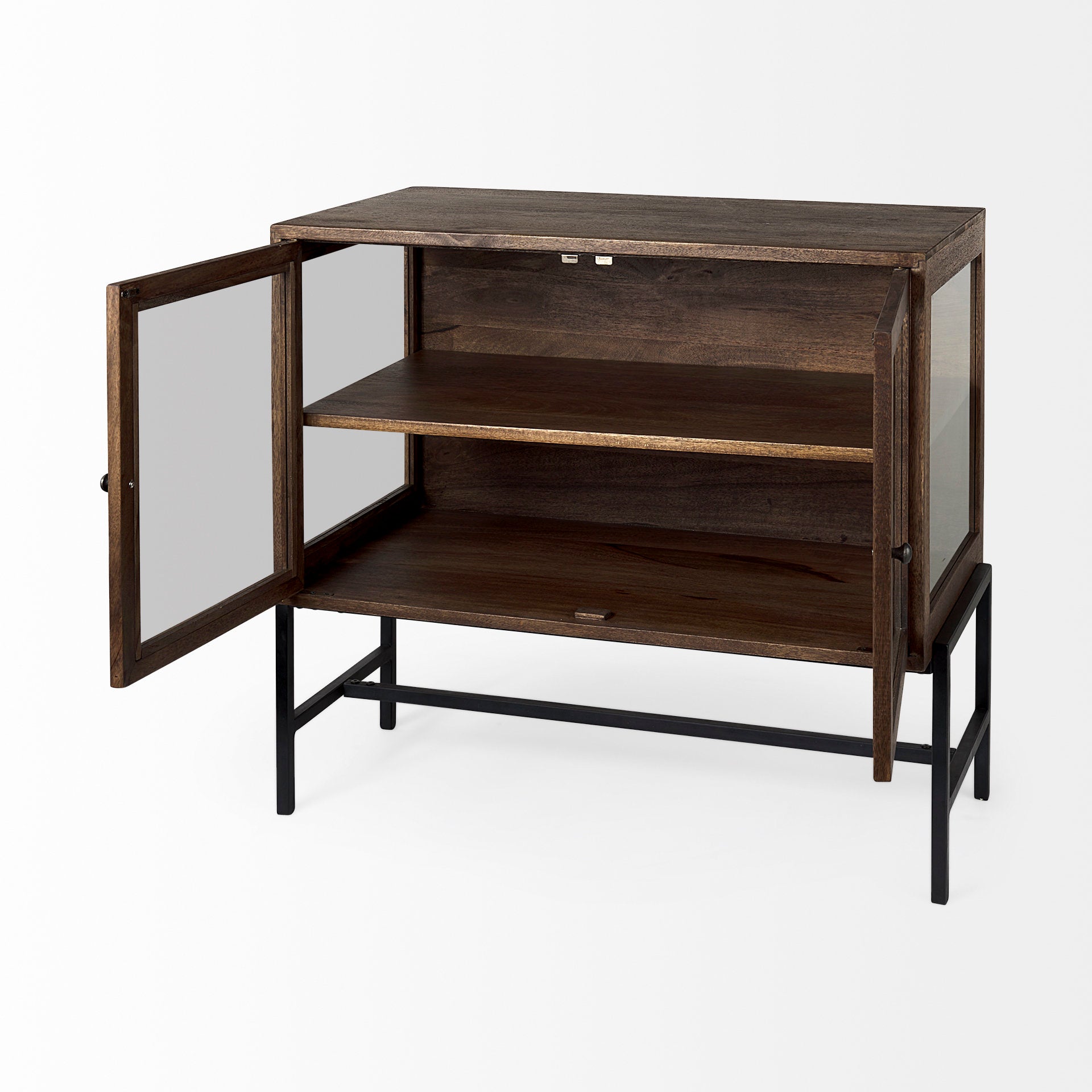 Arelius 36L x 18W x 32H Medium Brown Wood, Black Metal Base w/ 2 Glass Doors Accent Cabinet