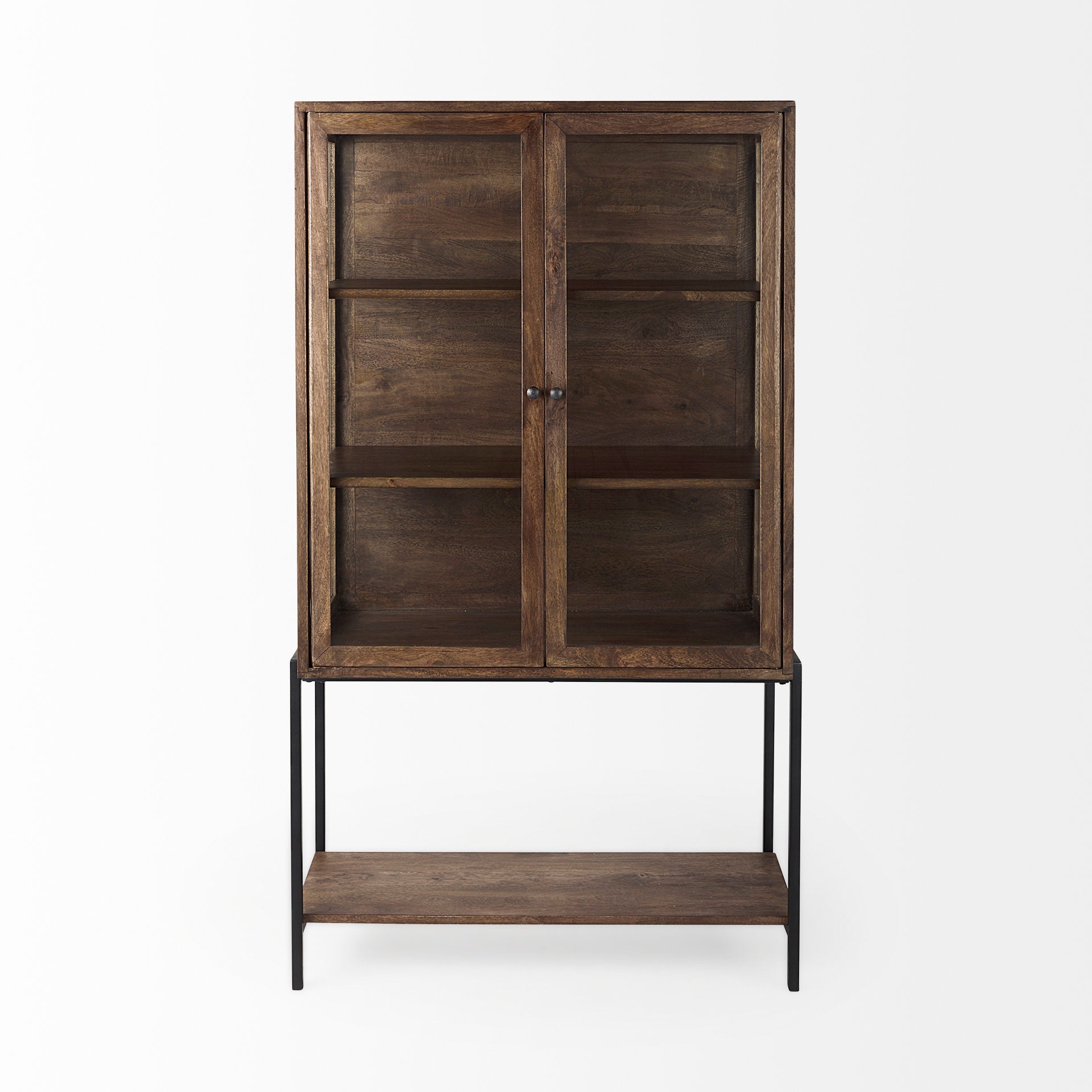 Arelius 36L x 18W x 63H Medium Brown Wood W/ Black Metal Base Display Cabinet - Central Designs