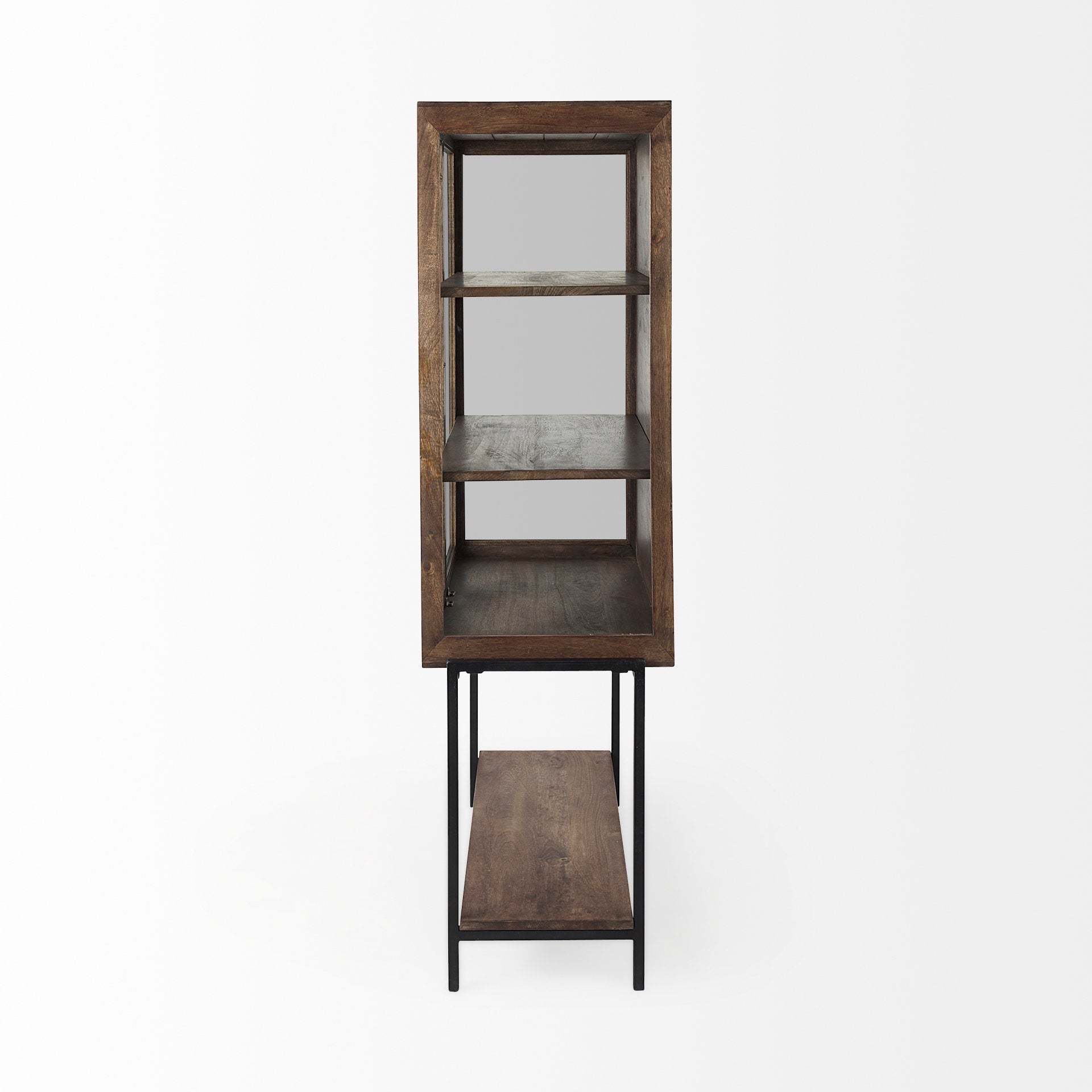Arelius 36L x 18W x 63H Medium Brown Wood W/ Black Metal Base Display Cabinet - Central Designs
