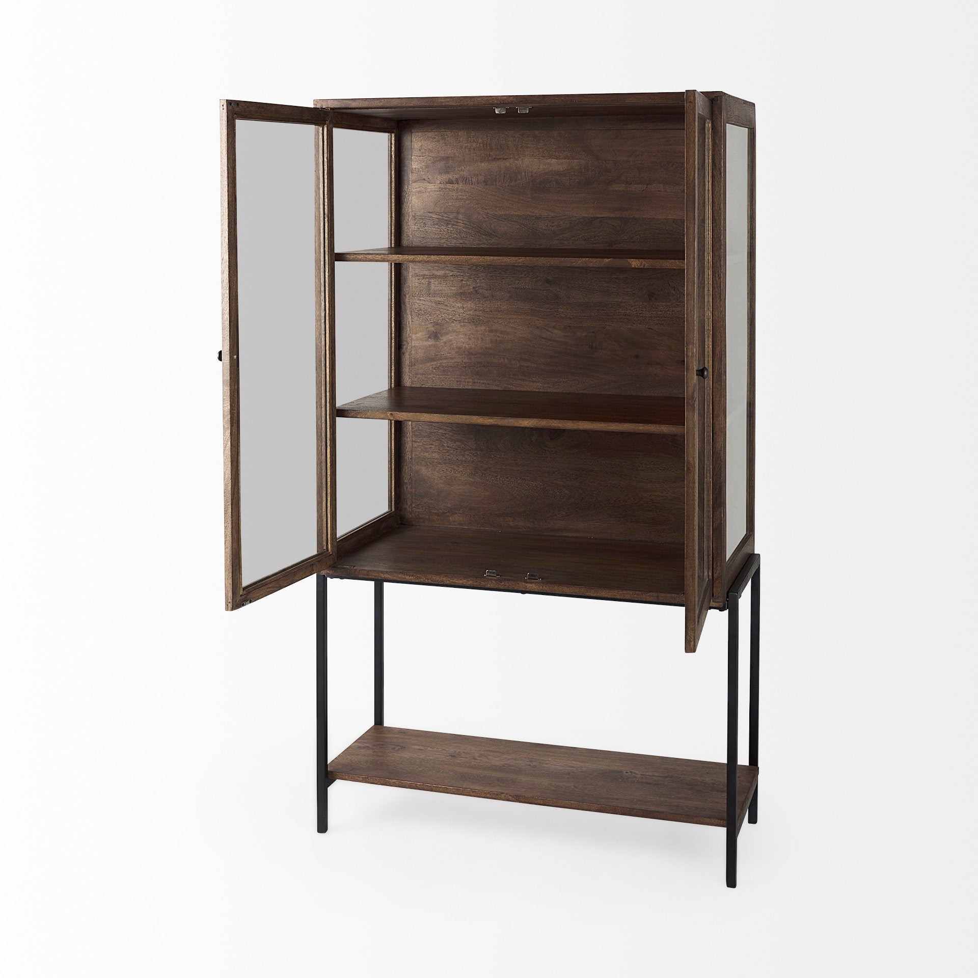 Arelius 36L x 18W x 63H Medium Brown Wood W/ Black Metal Base Display Cabinet - Central Designs