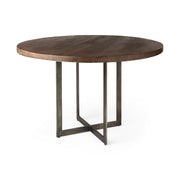Faye I 48L x 48W x 30H Medium Brown Wood W/Antique Nickel Metal Base Round Dining Table - Central Designs