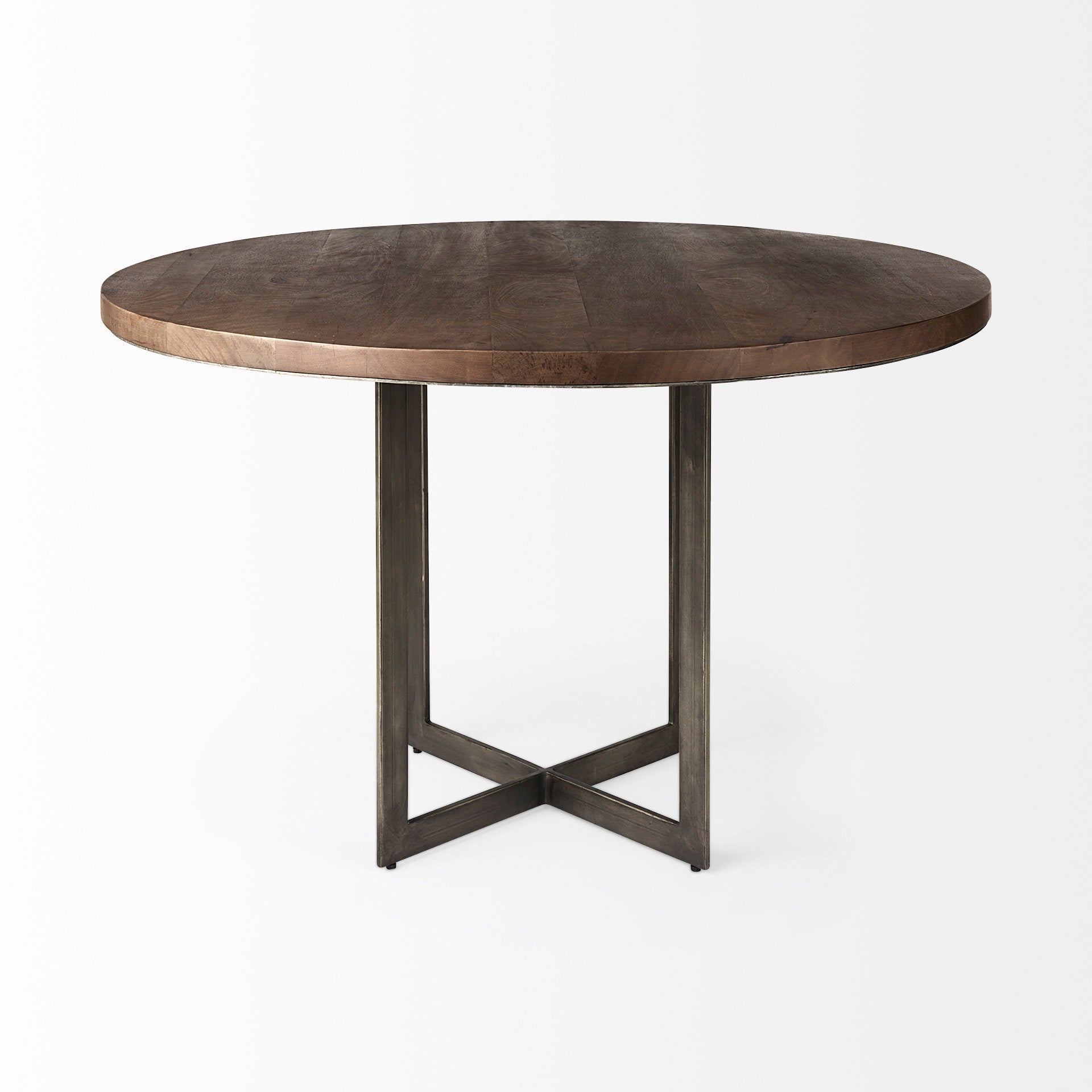Faye I 48L x 48W x 30H Medium Brown Wood W/Antique Nickel Metal Base Round Dining Table - Central Designs