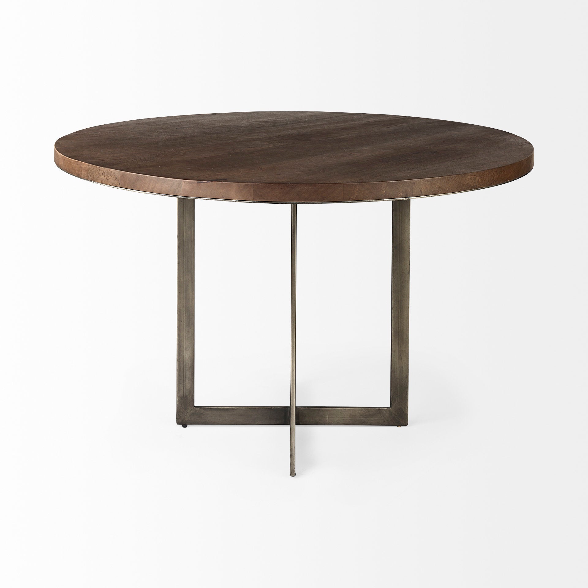 Faye I 48L x 48W x 30H Medium Brown Wood W/Antique Nickel Metal Base Round Dining Table - Central Designs