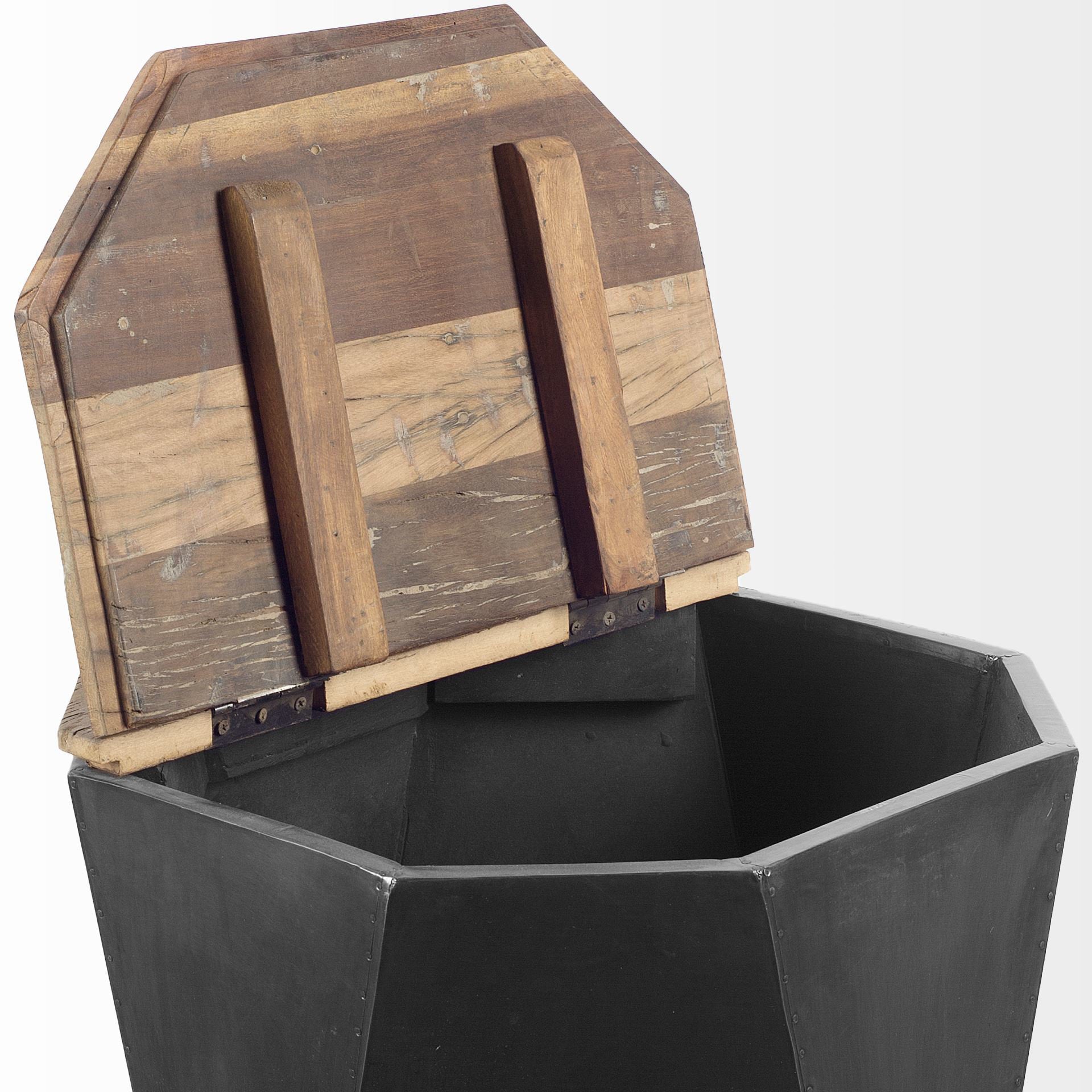 Esagono Octagonal Black Metal - Clad Reclaimed Wood End/Side Table w/ Storage - Central Designs