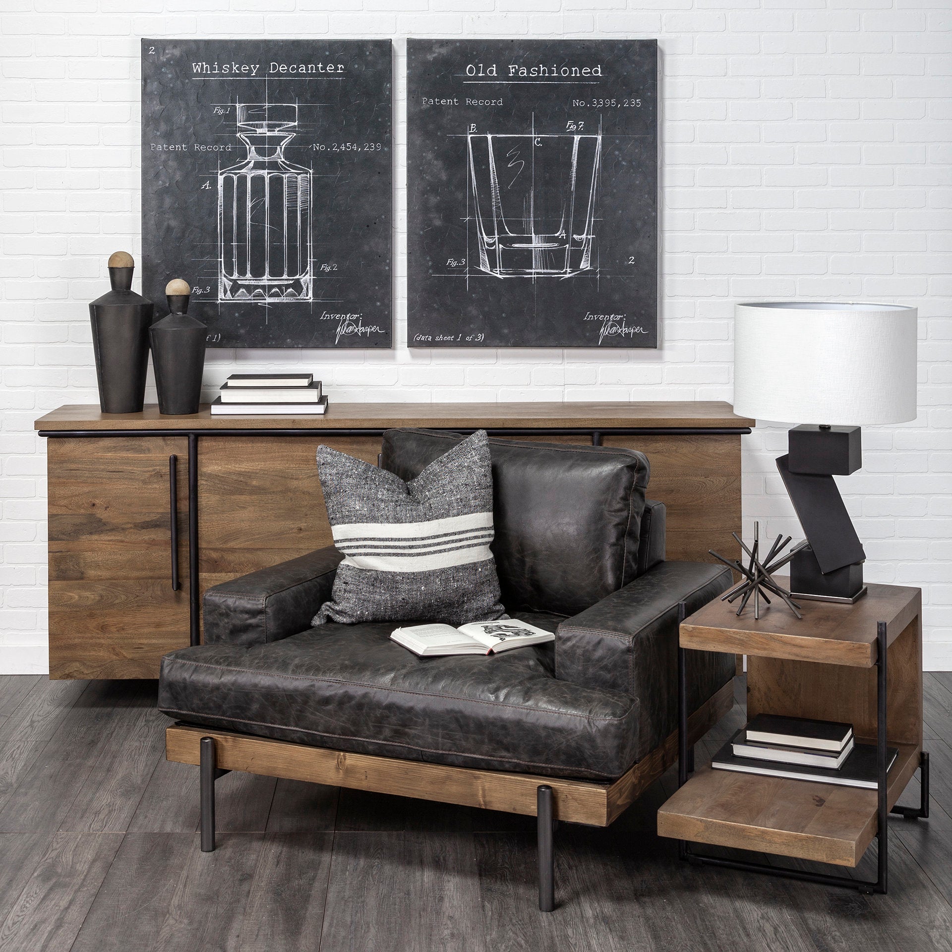 Maddox 30L x 18W x 22H Medium Brown Wood w/ Black Metal U - shaped End/Side Table - Central Designs