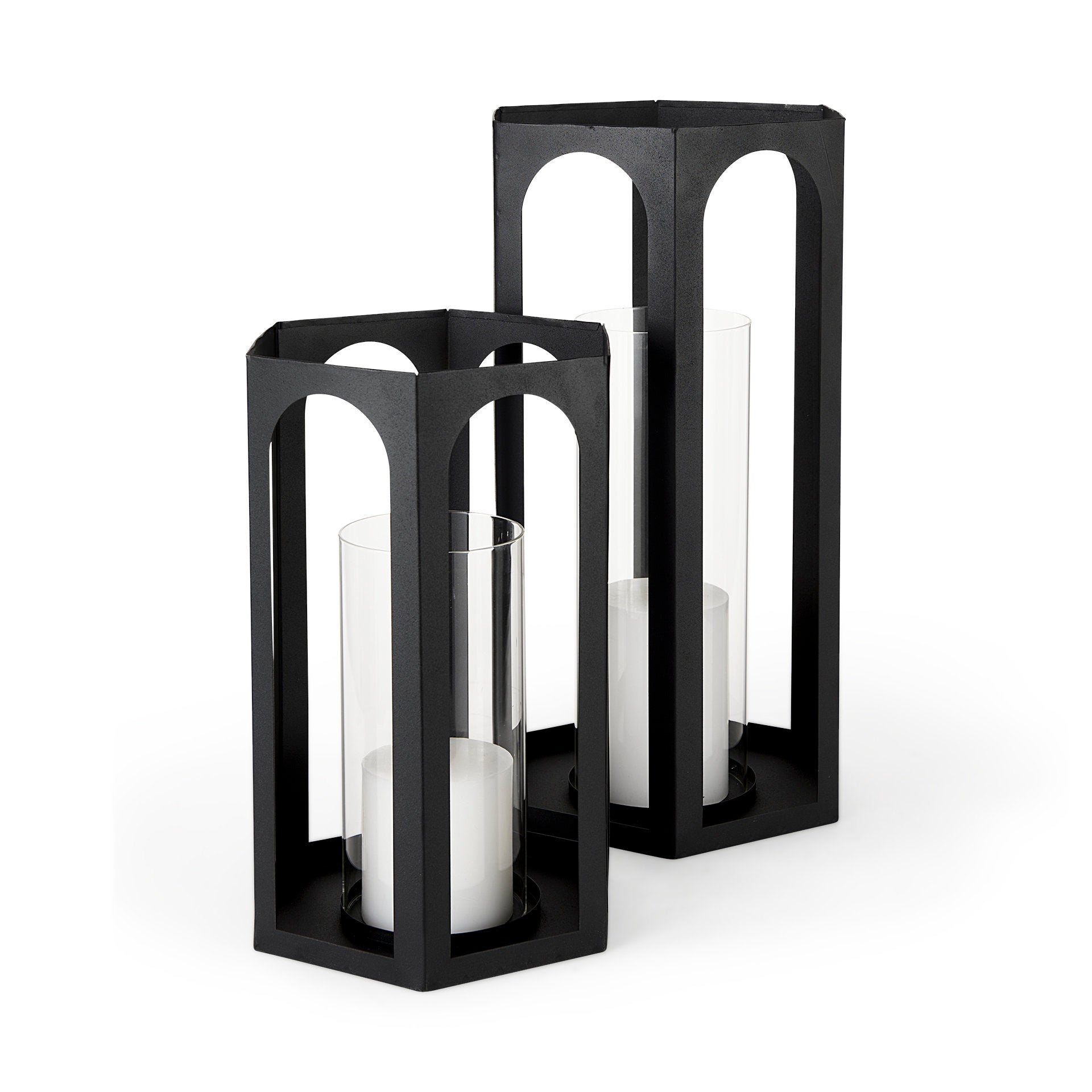 Balley 9.4L x 9.4W x 19.7H Set of Two Matte Black Metal Hexagonal Candle Holder Lanterns - Central Designs