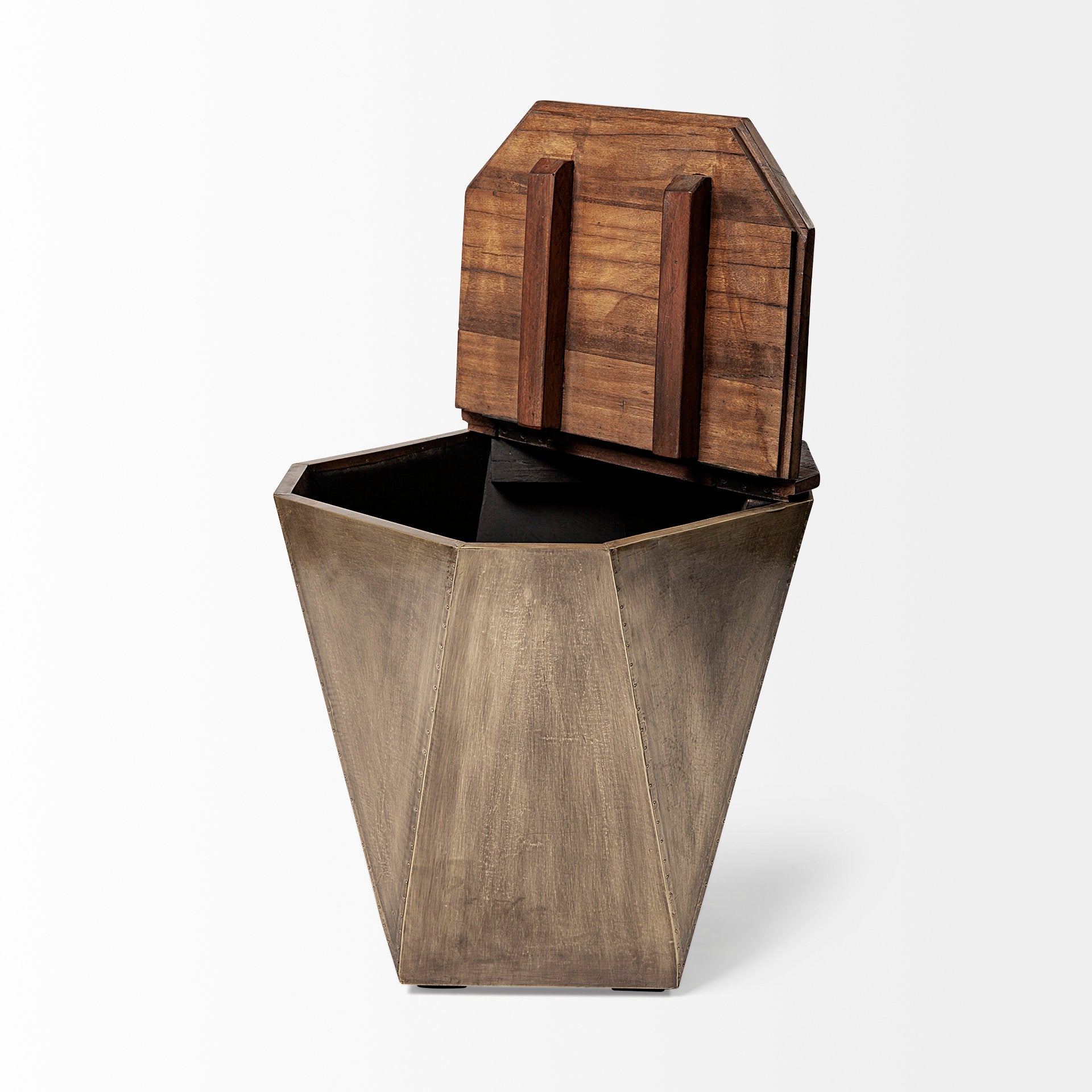 Esagono Octagonal Gold Metal - Clad Reclaimed Wood End/Side Table w/ Storage - Central Designs