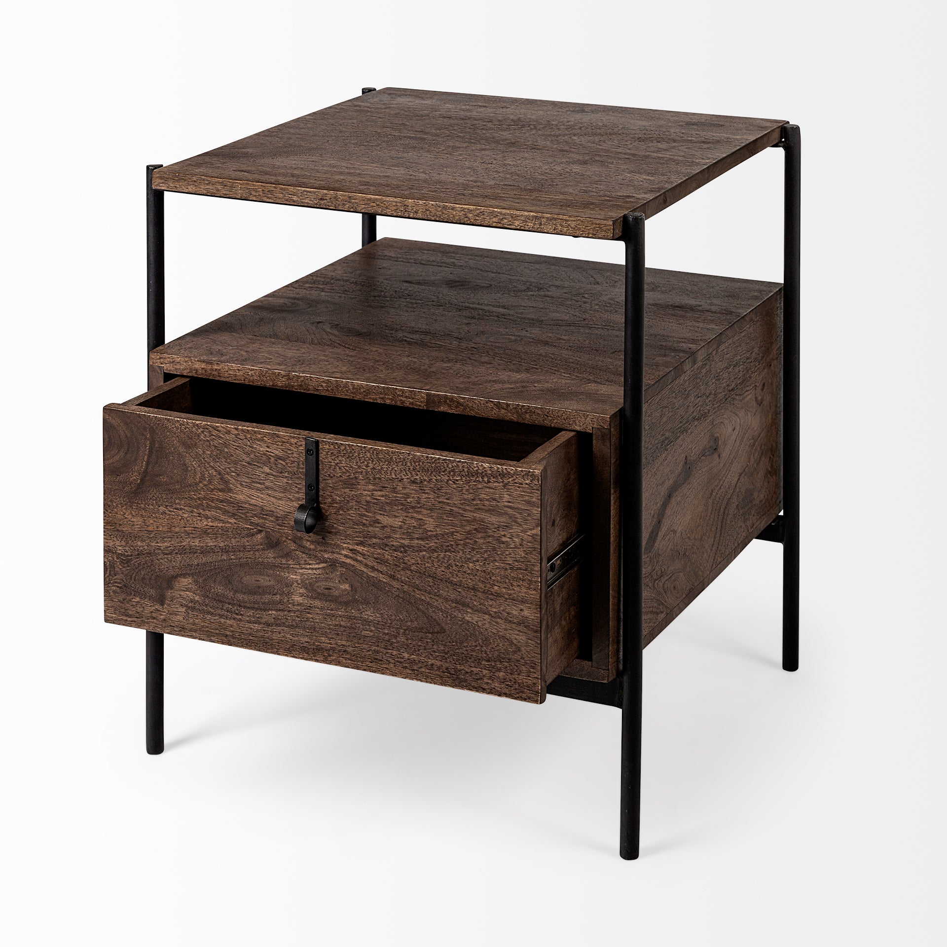 Glenn I 20L x 21W x 24H Dark Brown Wood w/ Black Iron Frame Square End/Side Table - Central Designs