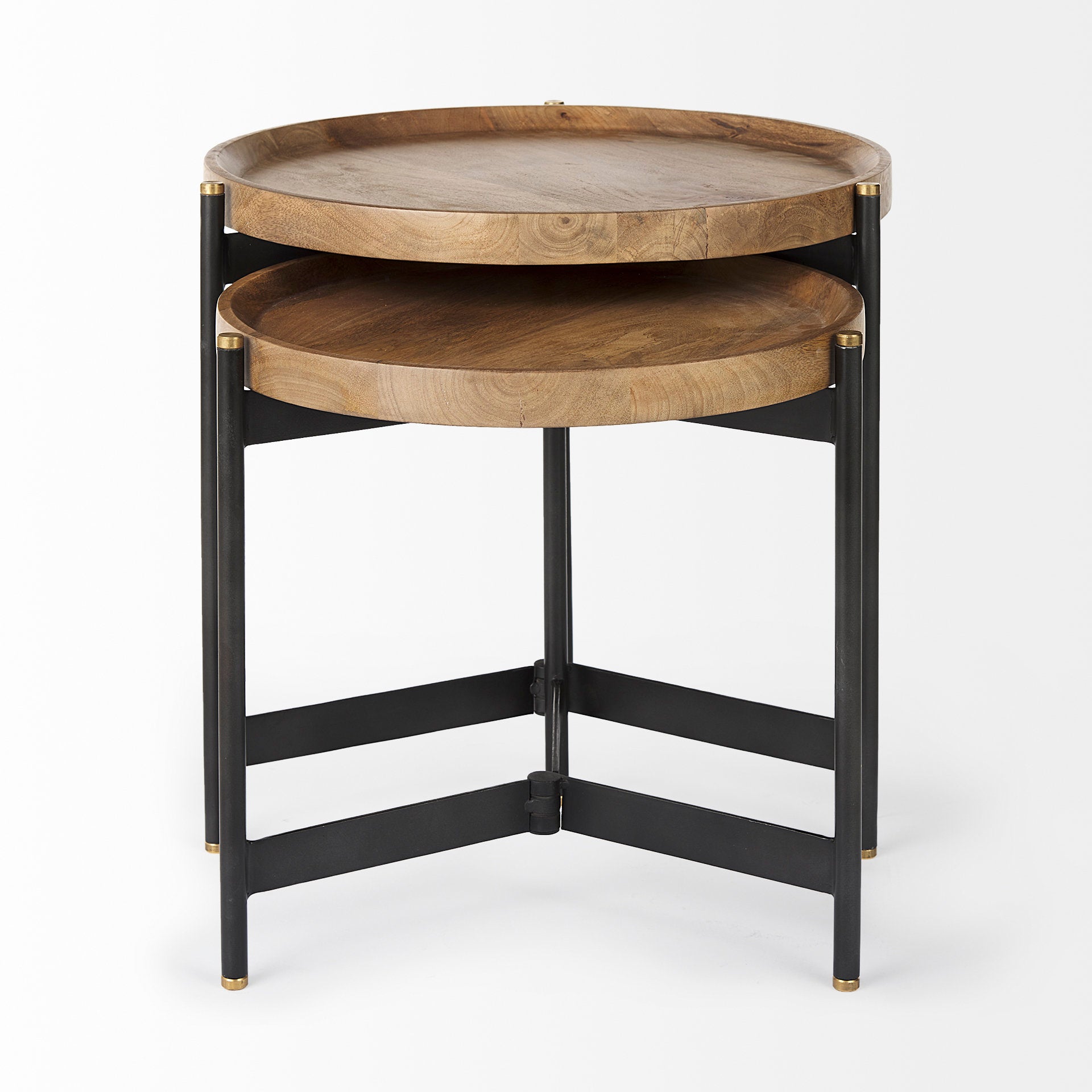 Marquisa (Set of 2) 22.5L x 22.5W x 20.8H Light Brown Wood W/ Black Metal Base Nesting Side Tables - Central Designs