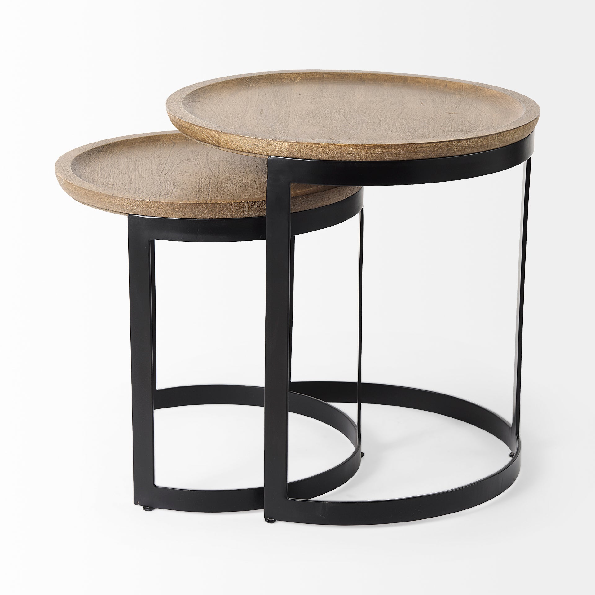 Aisley (Set of 2) 19.3L x 19.3W x 19H Light Brown Wood W/ Black Metal Base Round Nesting Side Tables - Central Designs