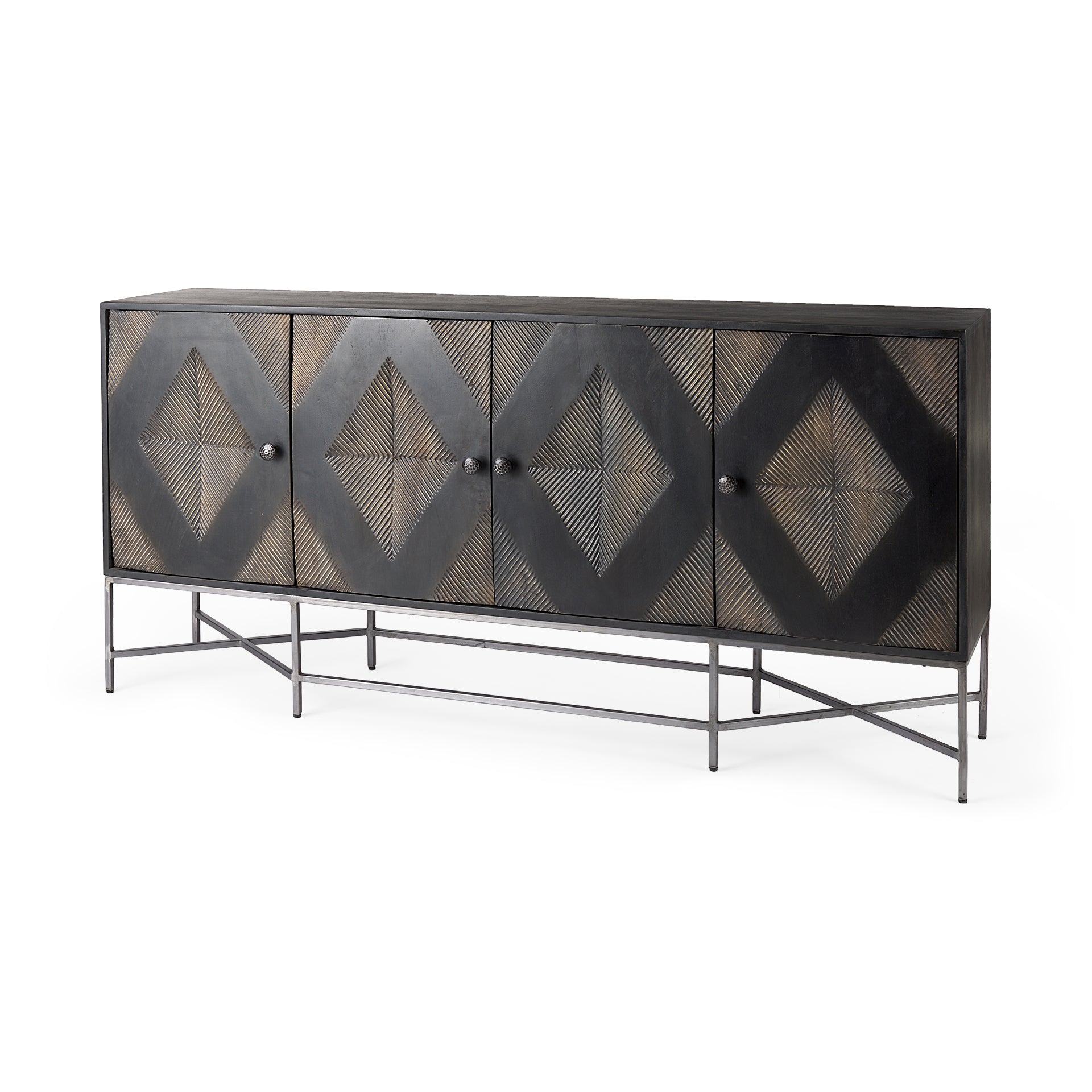 Hogarth I 72x15 Two - Tone Brown Solid Wood Base Silver Frame 4 Cabinet Sideboard - Central Designs