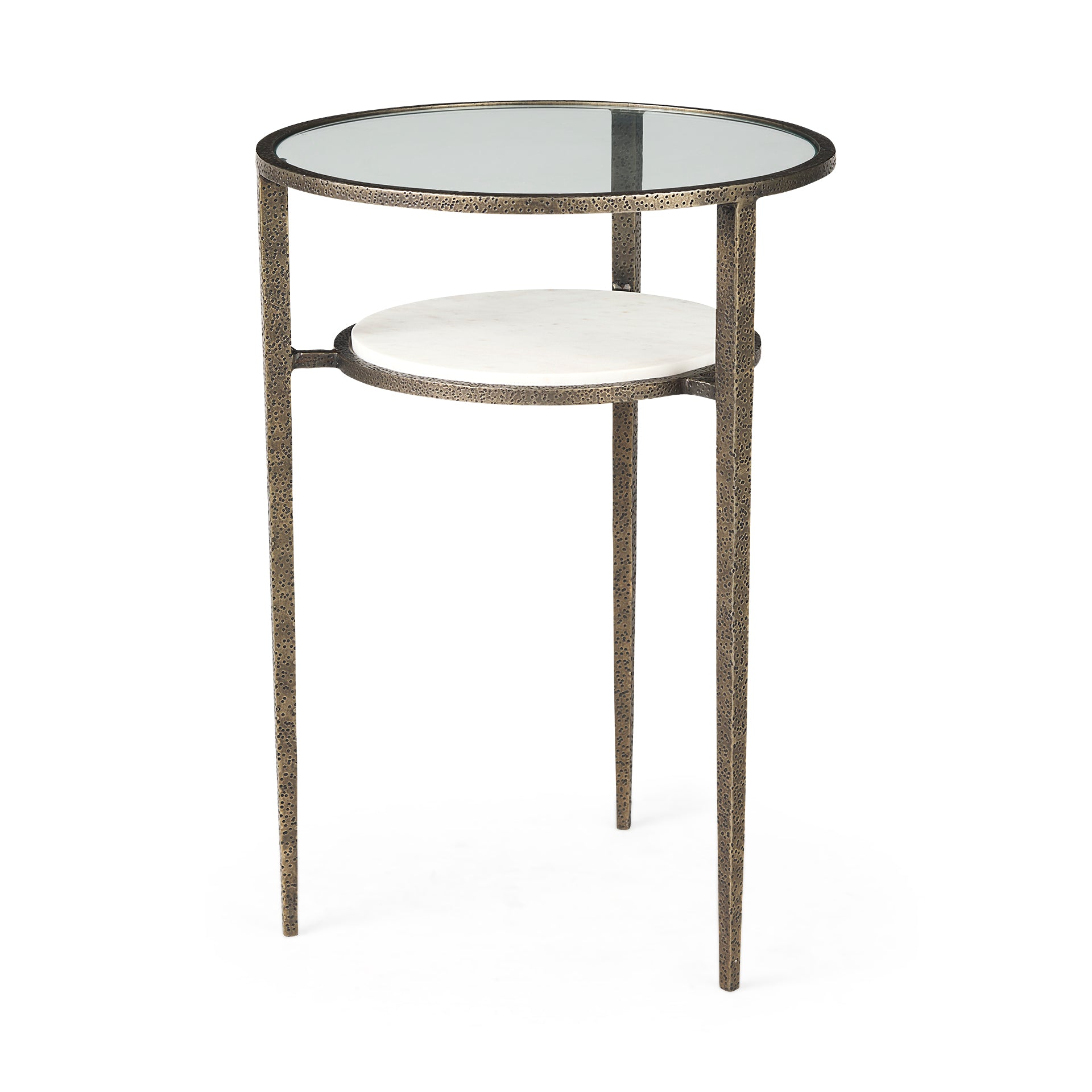 Felicity 15.8L X 15.8W X 22.5H Glass Top W/ White Marble Shelf and Antique Gold Base End/Side Table - Central Designs