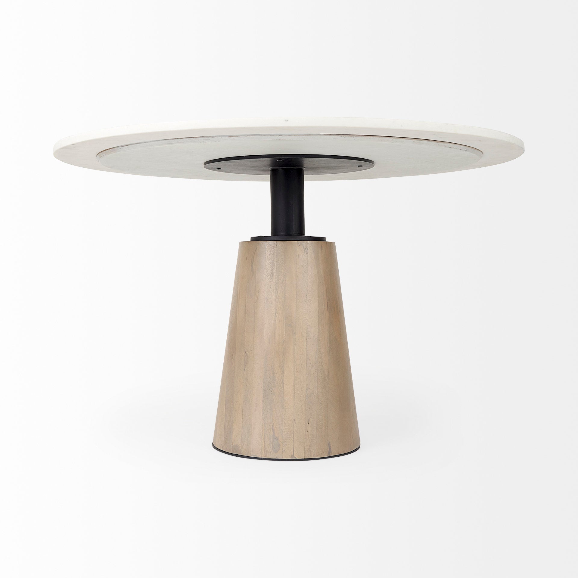 Maxwell 48L x 48W x 30H White Marble Round Top W/ Black Metal and Wood Pedestal Base Dining Table - Central Designs