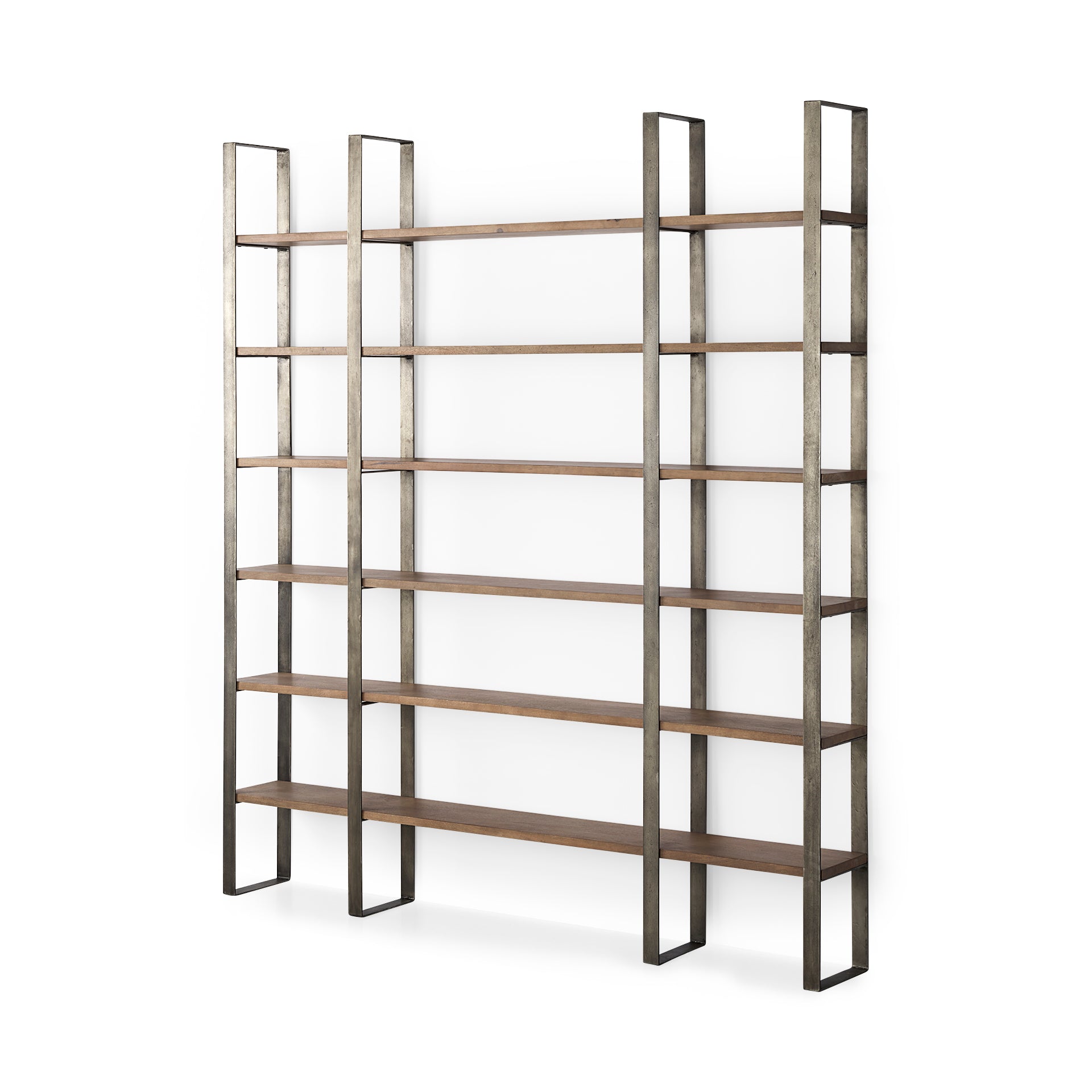 Taunton 80L x 10.5W x 90H Medium Brown Wood W/ Antique Nickel Metal Frame 6 Tier Shelving Unit - Central Designs