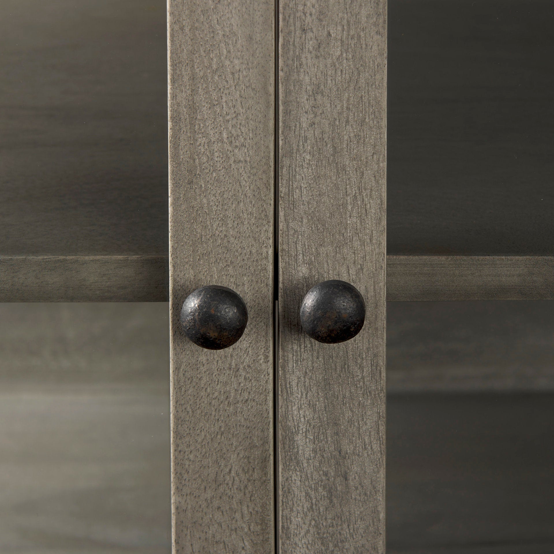 Arelius 36L x 18W x 32H Gray Wood, Black Metal Base w/ 2 Glass Doors Accent Cabinet - Central Designs