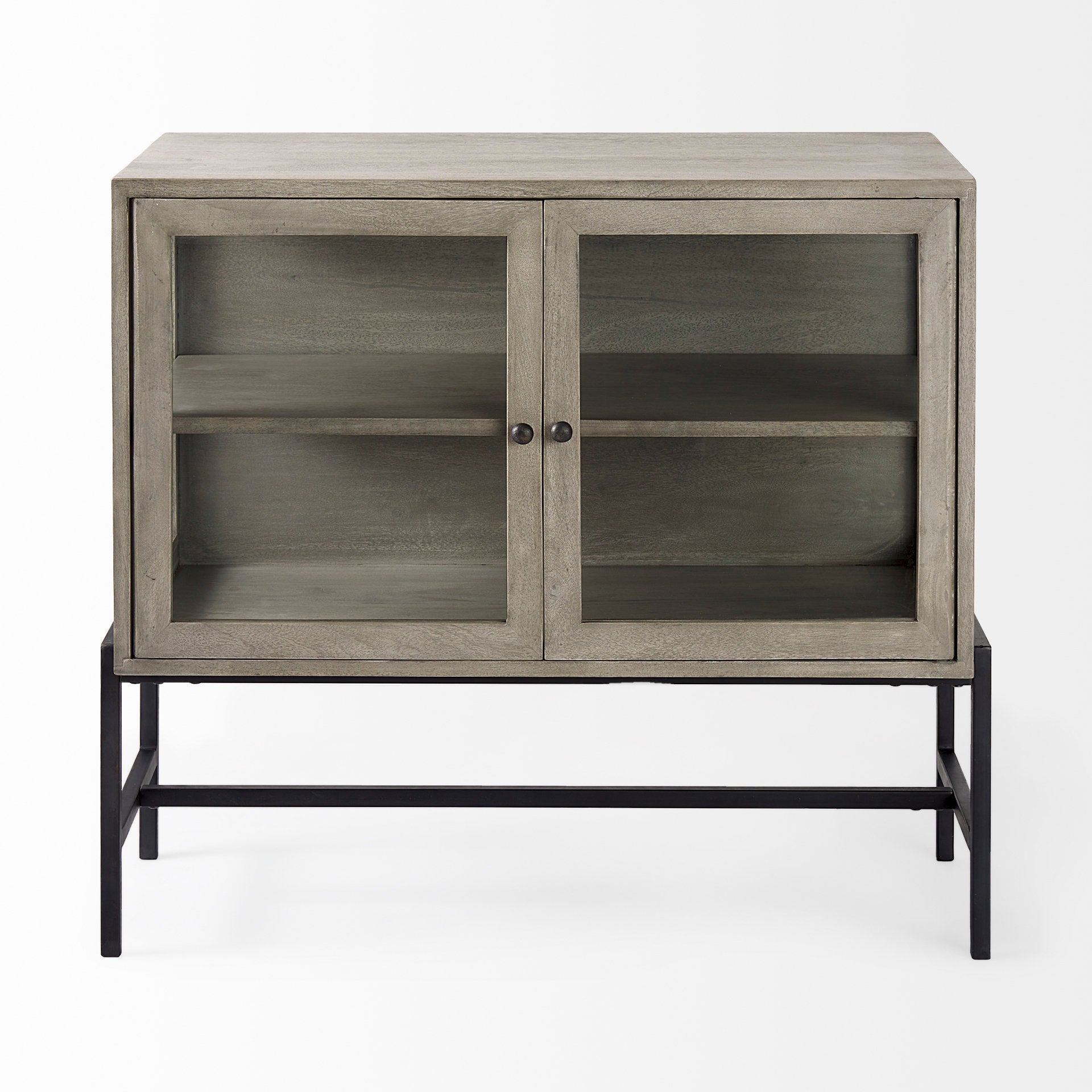 Arelius 36L x 18W x 32H Gray Wood, Black Metal Base w/ 2 Glass Doors Accent Cabinet - Central Designs