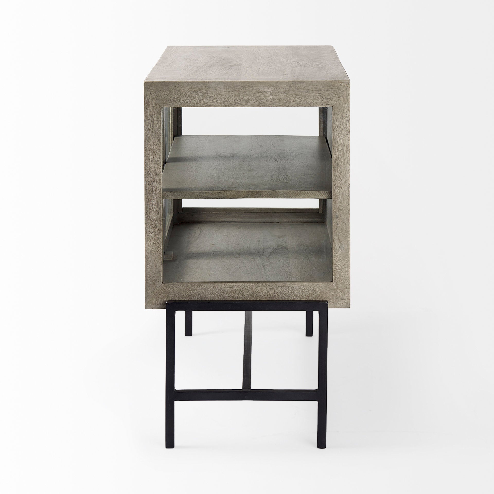 Arelius 36L x 18W x 32H Gray Wood, Black Metal Base w/ 2 Glass Doors Accent Cabinet - Central Designs