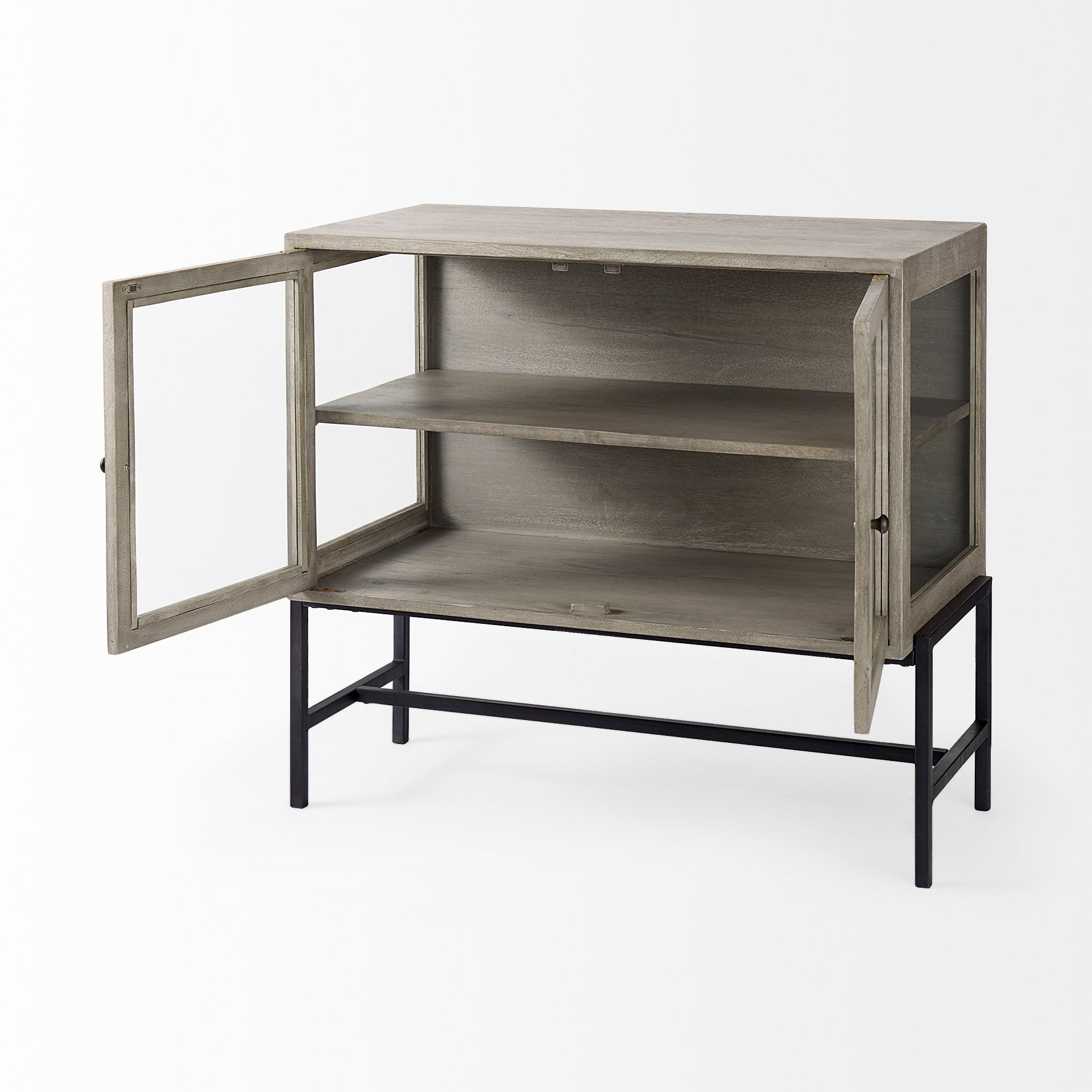 Arelius 36L x 18W x 32H Gray Wood, Black Metal Base w/ 2 Glass Doors Accent Cabinet - Central Designs