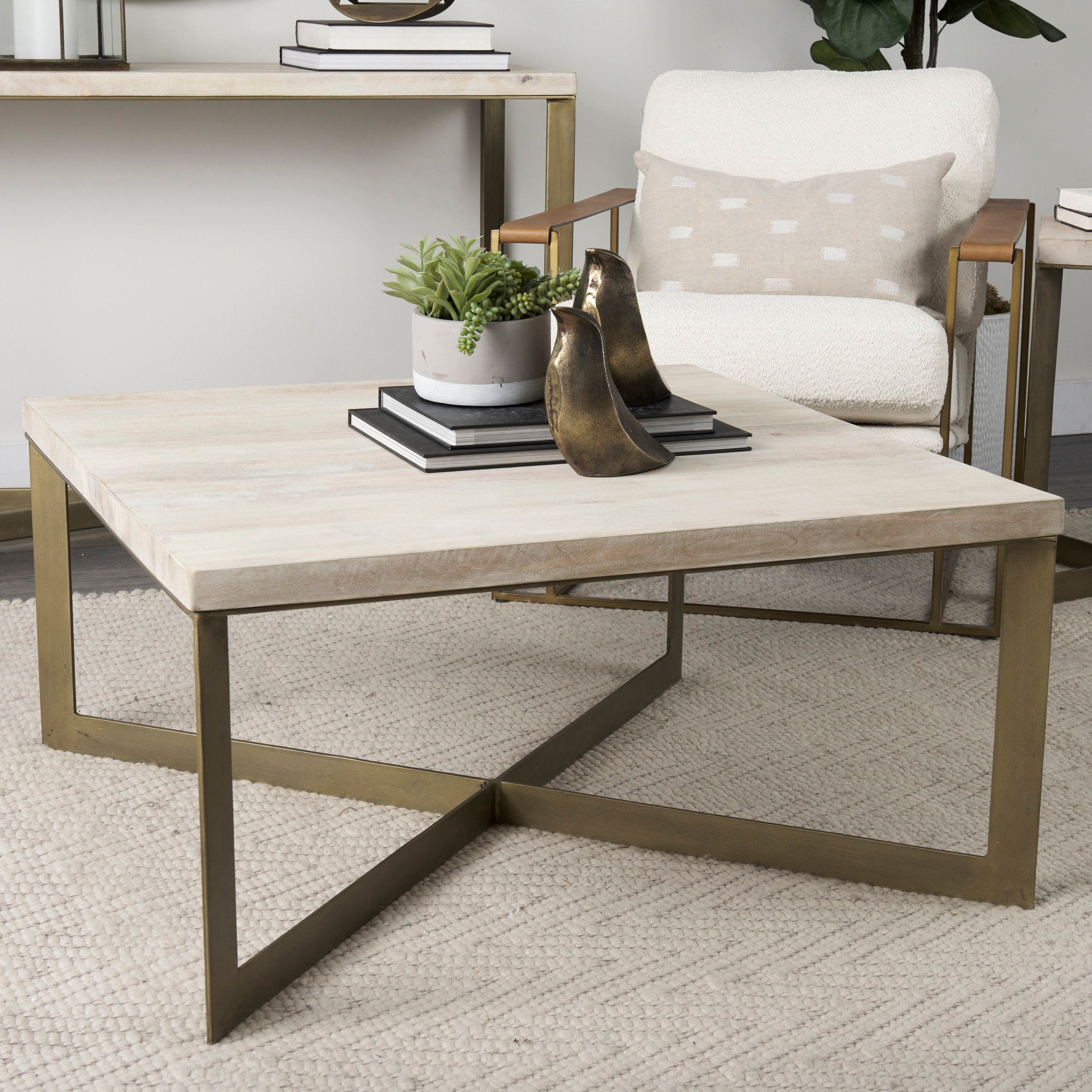 Faye 34L x 34W x 17H Beige Finished Wood W/Gold Metal Base Square Coffee Table - Central Designs