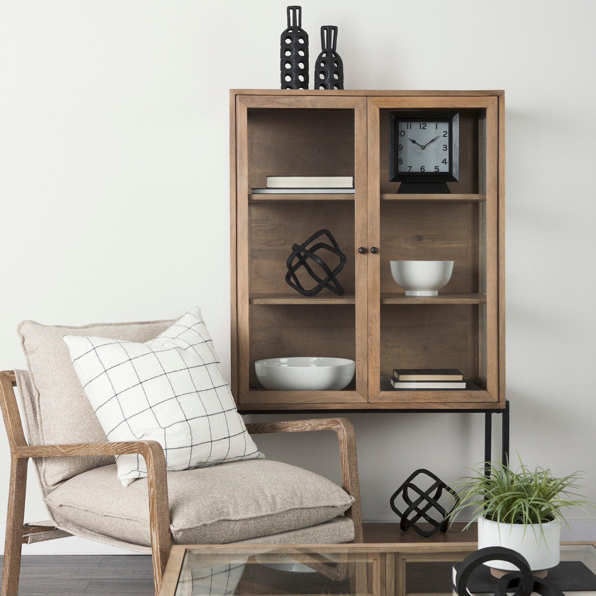 Arelius 36L x 18.75W x 63H Light Brown Wood W/ Black Metal Base Display Cabinet - Central Designs
