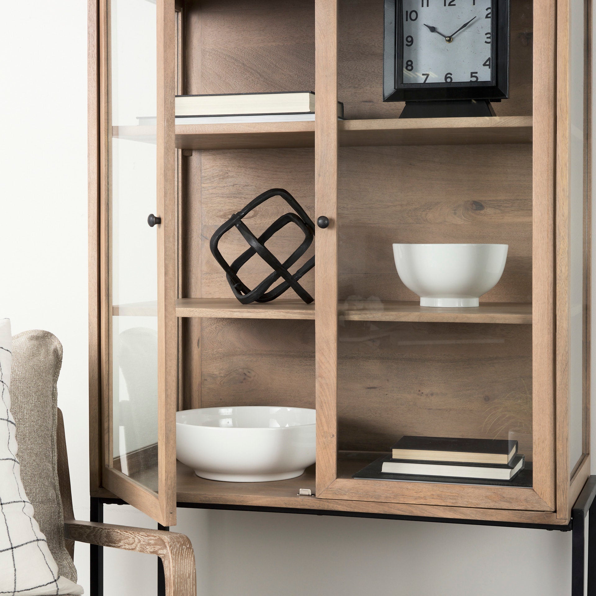 Arelius 36L x 18W x 63H Light Brown Wood W/ Black Metal Base Display Cabinet - Central Designs
