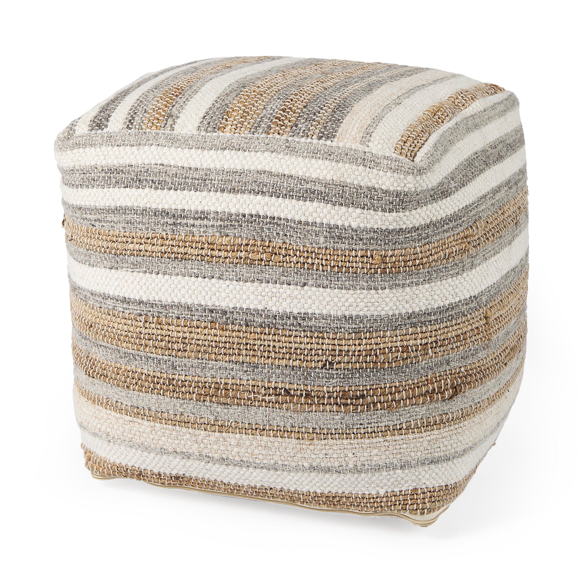 Aahana 16.0L x 16.0W x 16.0H White/Taupe/Gray Striped Hemp and Cotton Pouf - Central Designs